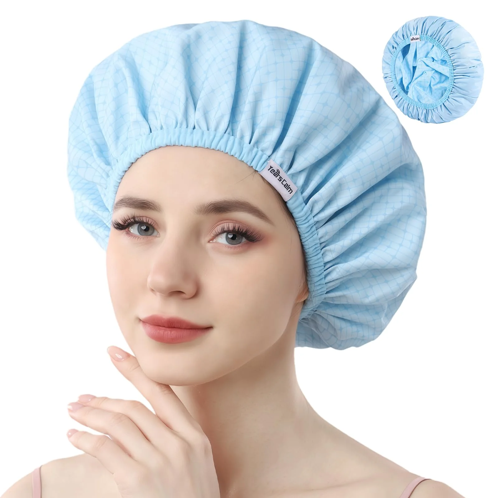 Years Calm Duschhauben für Frauen, wiederverwendbar, wasserdicht, Muster und einfarbig, zweilagiges Design für, schützt das Haar in der Dusche, Spa, Kochen, Reinigen und Reisen（Extra groß，Blau.）