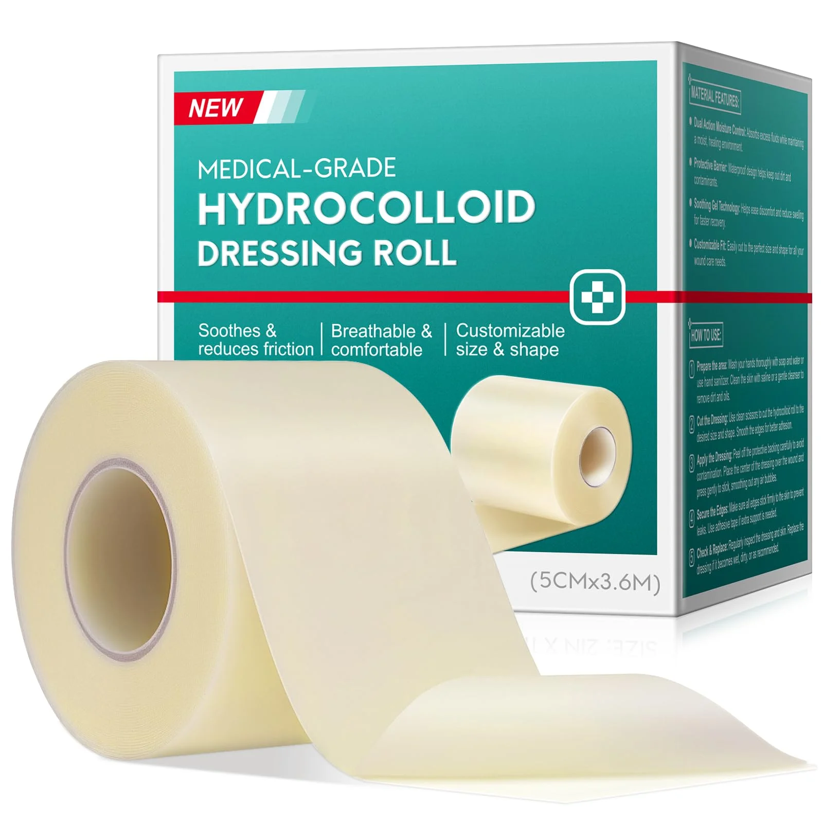 Hydrokolloid Pflaster Rolle 5cmx3.6m, Hydrokolloid Rolle für Wundverbände, Selbstklebender Wasserfestes Hydrokolloid Wundpflaster & Hautfreundlich Wundauflagen für Schnittwunden und Kratzer