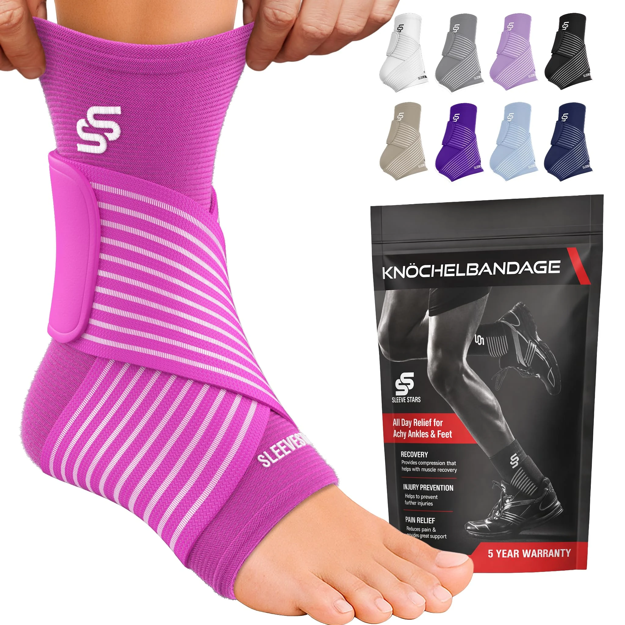 Sleeve Stars Sprunggelenkbandage – Verstellbare Sport-Kompressionsbandage mit Riemen für Laufen, Training & Alltag – Knöchelbandage für Damen und Herren (Einzeln/heißes Rosa)