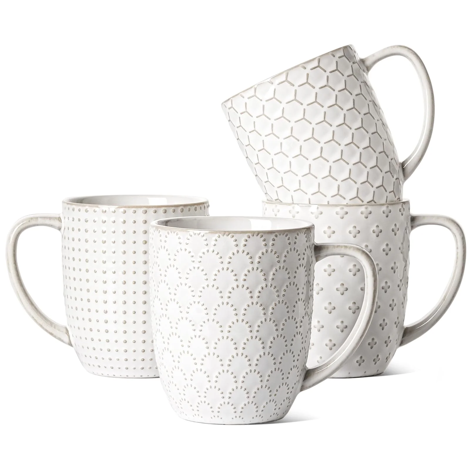 LE TAUCI Kaffeetassen Set, 473 ml, Keramiktassen Kaffeebecher, Prägetassen Große Tassen für Latte, heißen Tee, Cappuccino, 4 Stück, Arktisweiß
