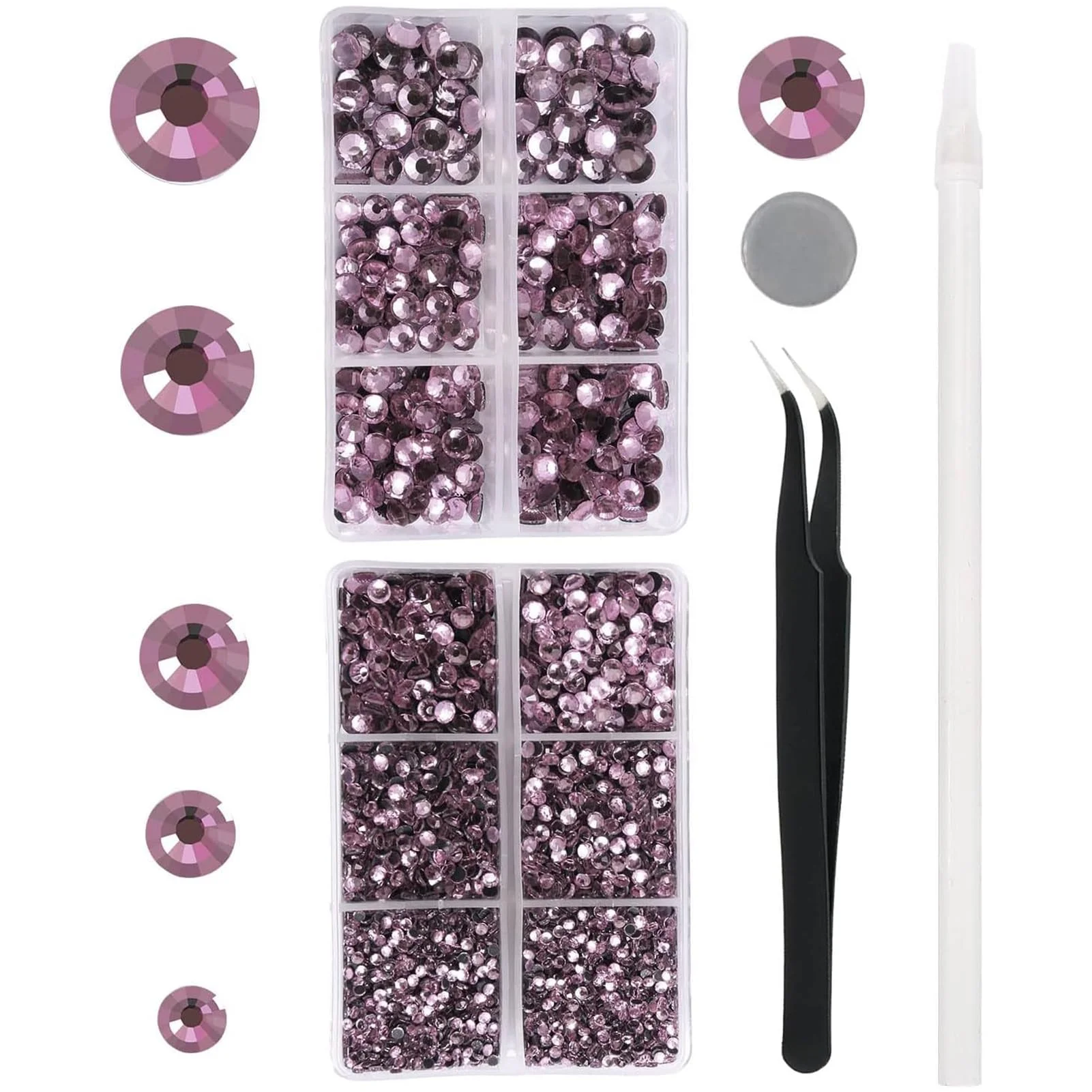 YHMQ DU 6616 Stück hellviolette Hotfix-Strasssteine, Kristallglas-Diamanten für Trinkgläser, Kleidung, Hemden, Bling, flache Rückseite, rund, mit Pinzette und Picking-Stift (Set SS6–SS30)