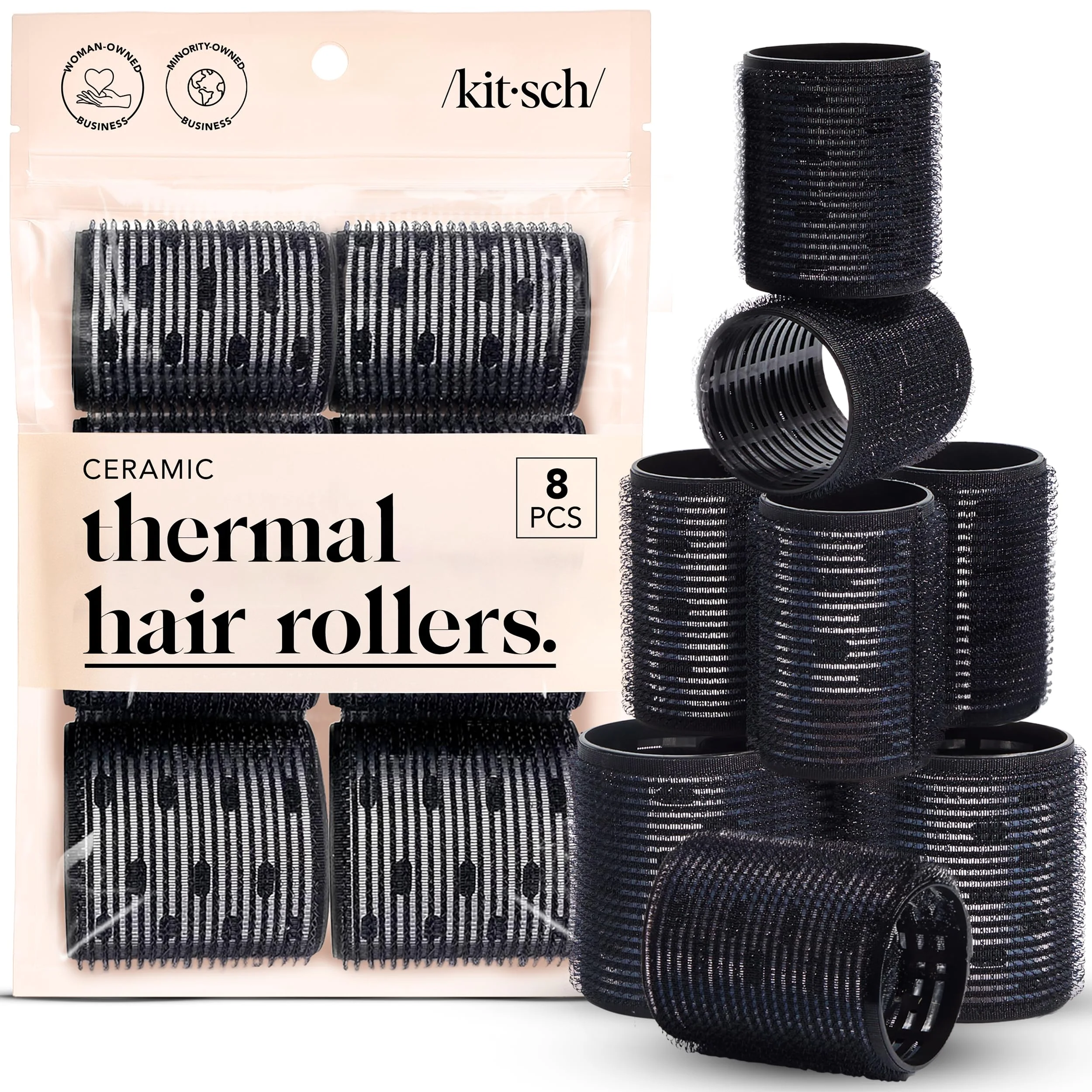 Kitsch Lockenwickler 8 Stück - Haarklemmer für kurze Haare - Klett-Haarwickler, Haarwickler für langes Haar, Selbsthaftende Haar-Roller für einen Blowout - Schwarz