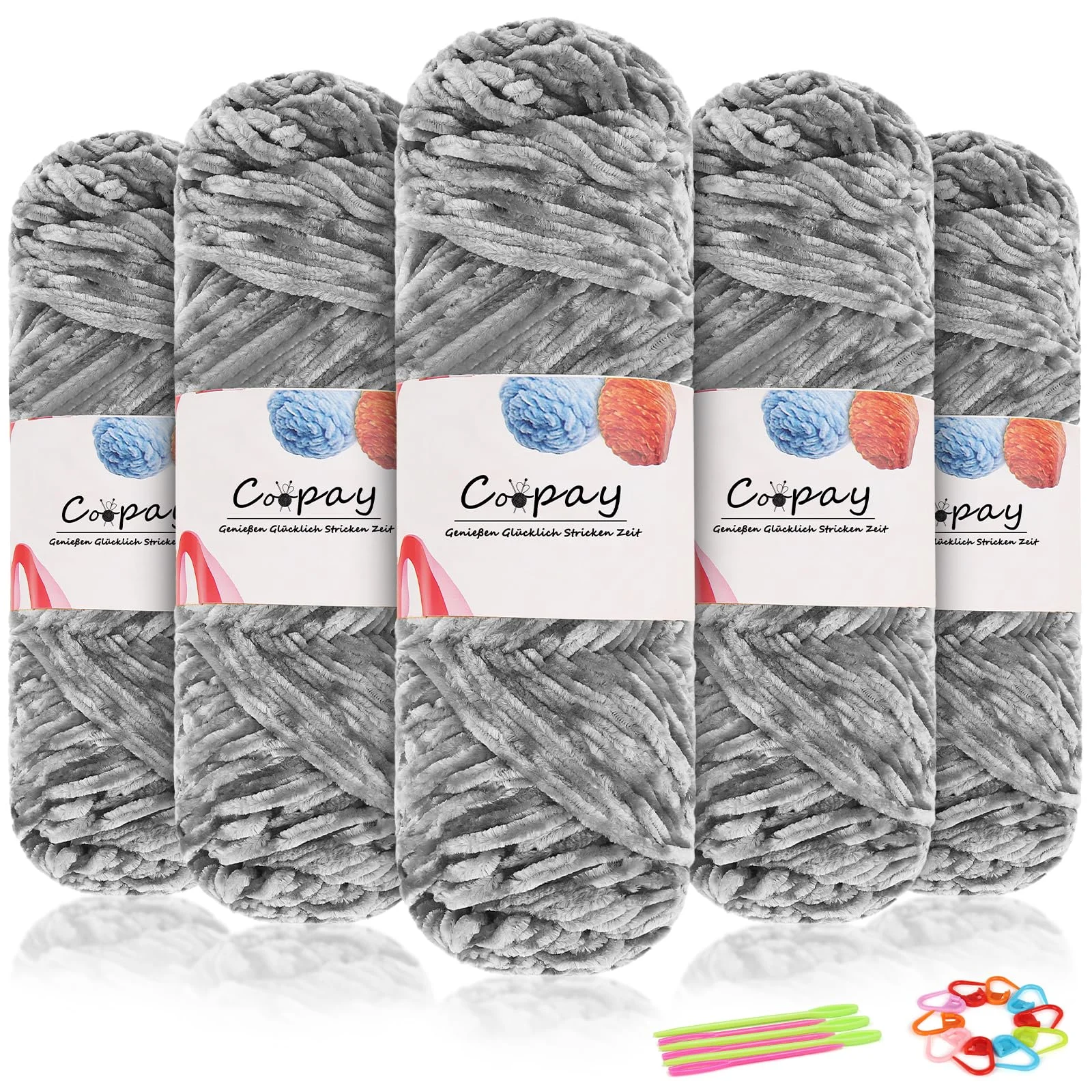 Coopay Samt Chenille Wolle zum Häkeln, 500g (5x100g) Velvet Chenillegarn, Dicke Wolle zum Stricken, Flauschige Weiche Samtig Chenillewolle mit Häkelzubehör für Schals, Decken - Hellgrau