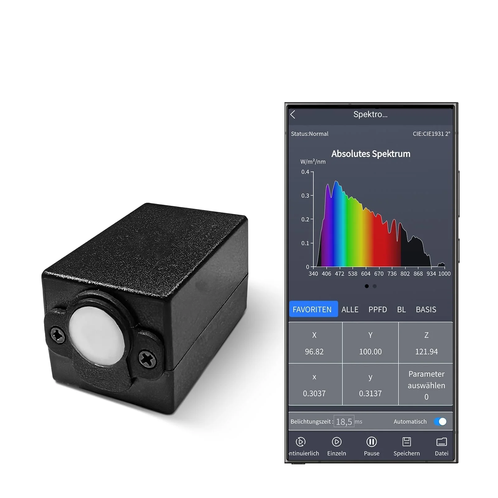 Handheld-Spektrometer für Lichtmessung, 340-1000nm Tragbares Spektrum-Beleuchtungsmessgerät, Echtzeit-CCT-CRI-PAR-PPFD-Analyse, LED-Pflanzenlicht-Tester mit APP & PC-Software, USB-Typ-C-Verbindung