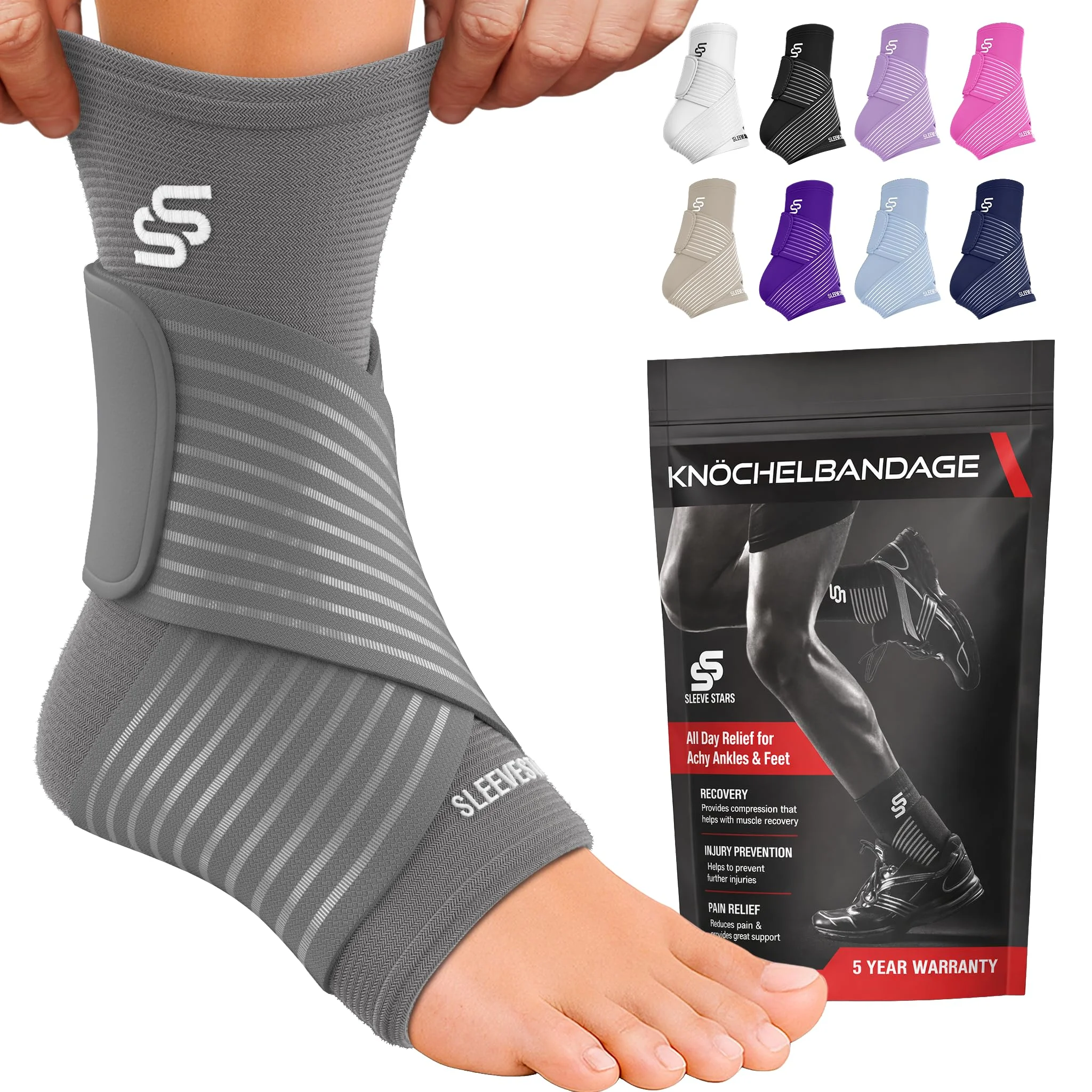 Sleeve Stars Sprunggelenkbandage - Plantarfasziitis & Achillessehnen Entlastung, Fußgelenk Bandage mit verstellbarem Riemen I Knöchelbandage I Fußbandage für rechts oder links (1 Stück,Grau)