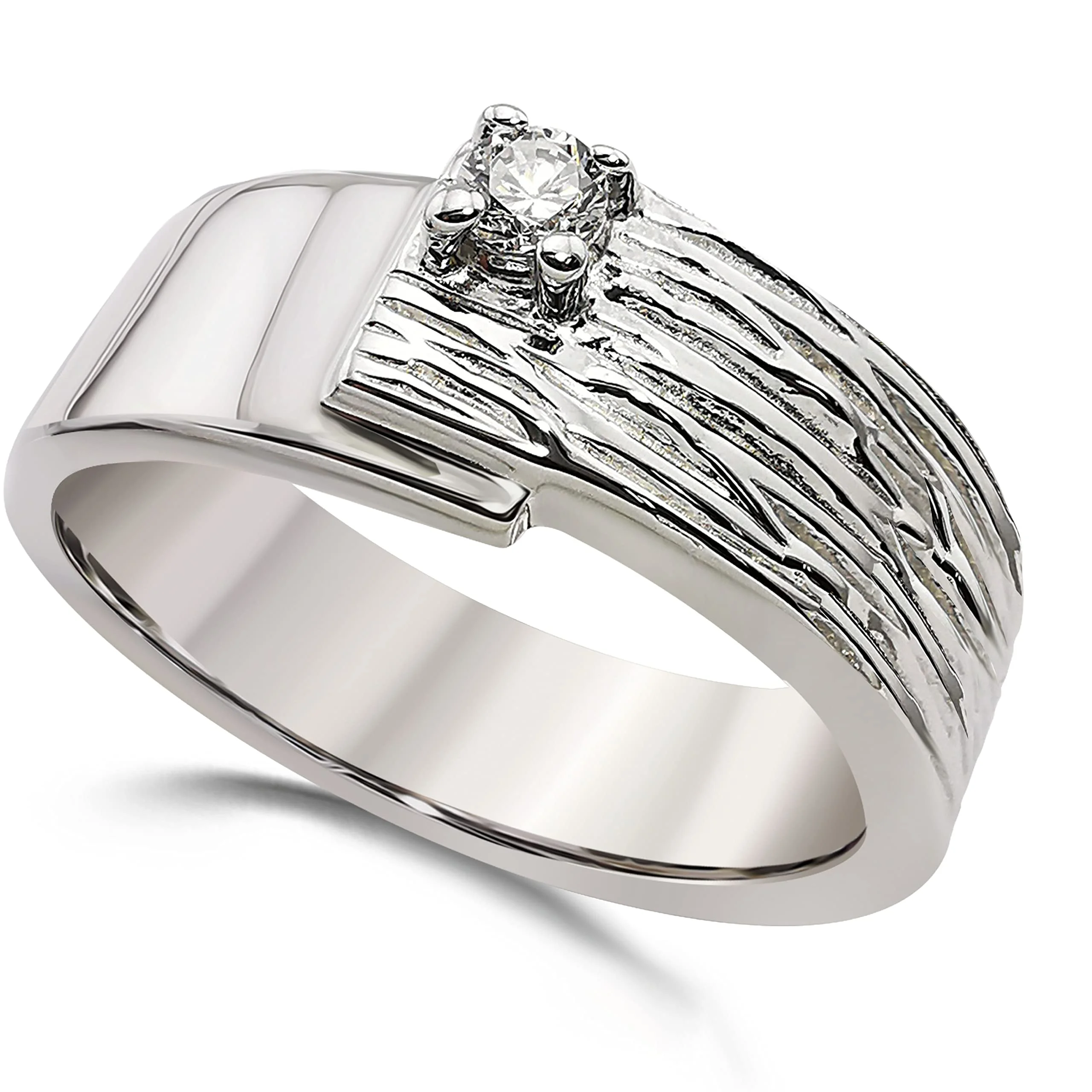 925 Sterling Silber Bandring mit Zirkonia | Rhodinierter Verlobungsring mit Wellenstruktur | Premium Breiter Statement Ring