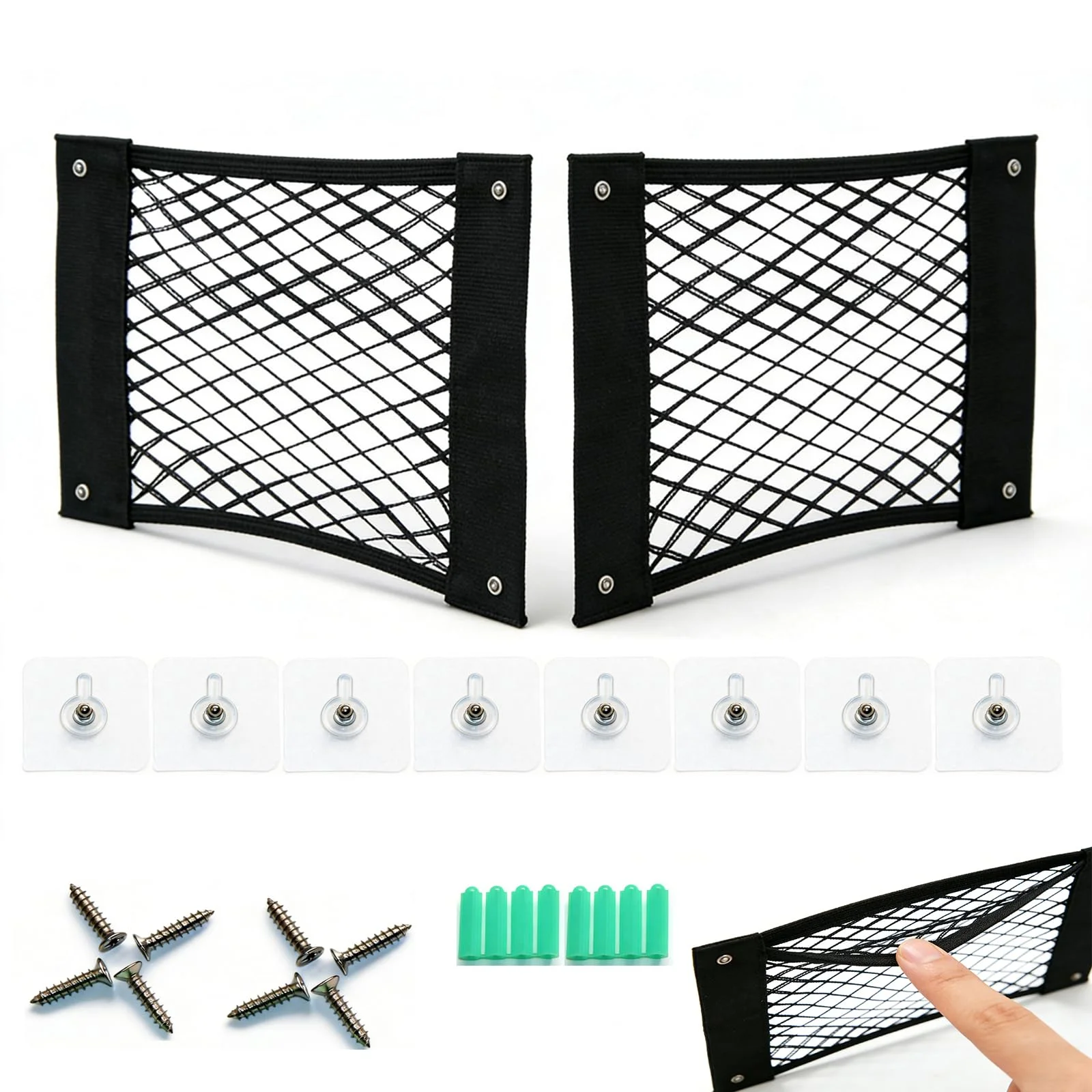 Kofferraum Netz Kofferraum Taschen Auto Klett Camper Van Cargo Net | mit 3 Montagearten & verstärkten Metallösen – inkl. Gepäcknetz zum Schrauben für SUV, Limousine & Kombi – 2er Set