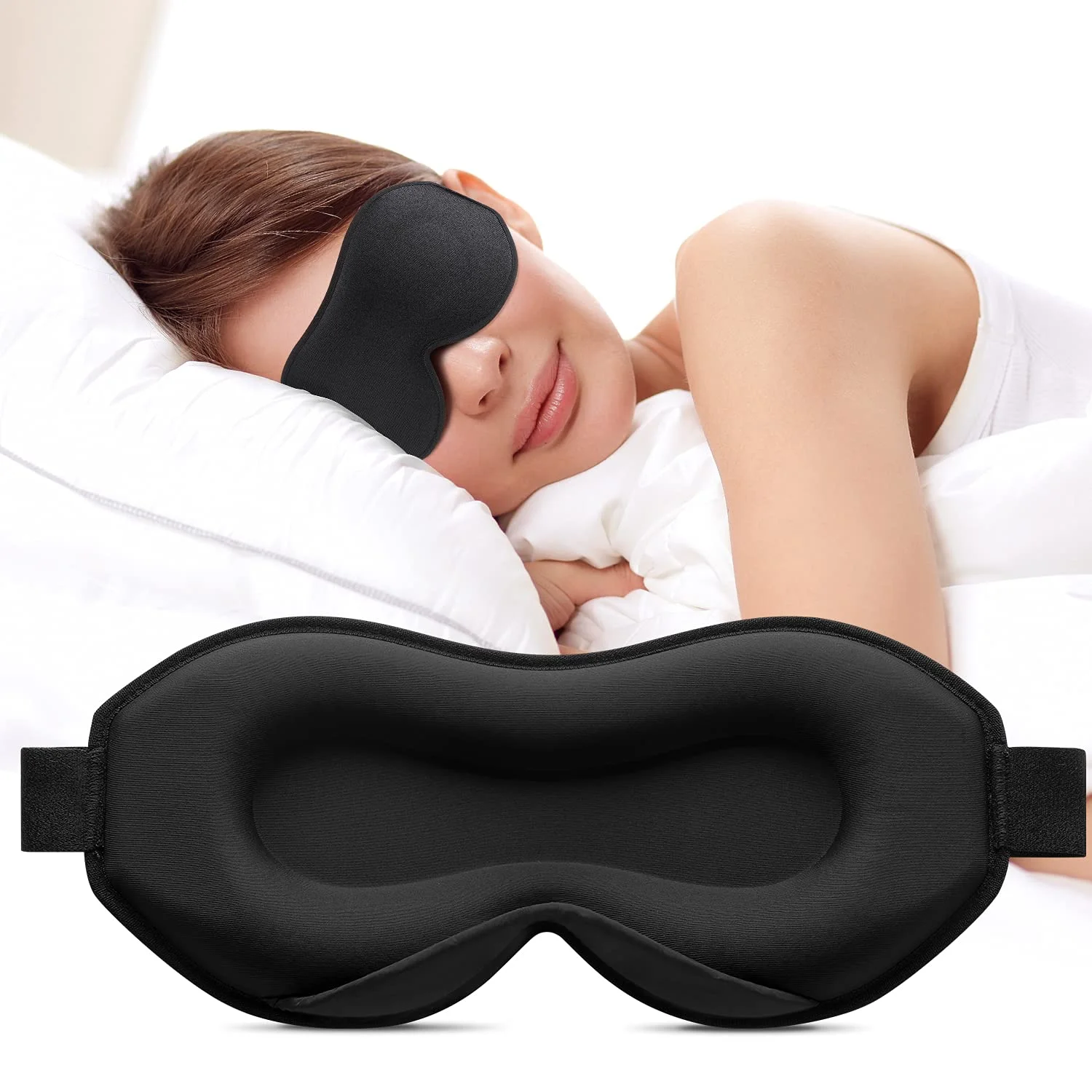 Umisleep Schlafmaske für Seitenschläfer, 100% lichtblockierende 3D-Schlafbrille für Frauen & Herren mit weicher & bequemer Passform und verstellbarem Band, ideal für Reise & Flugzeug, Schwarz
