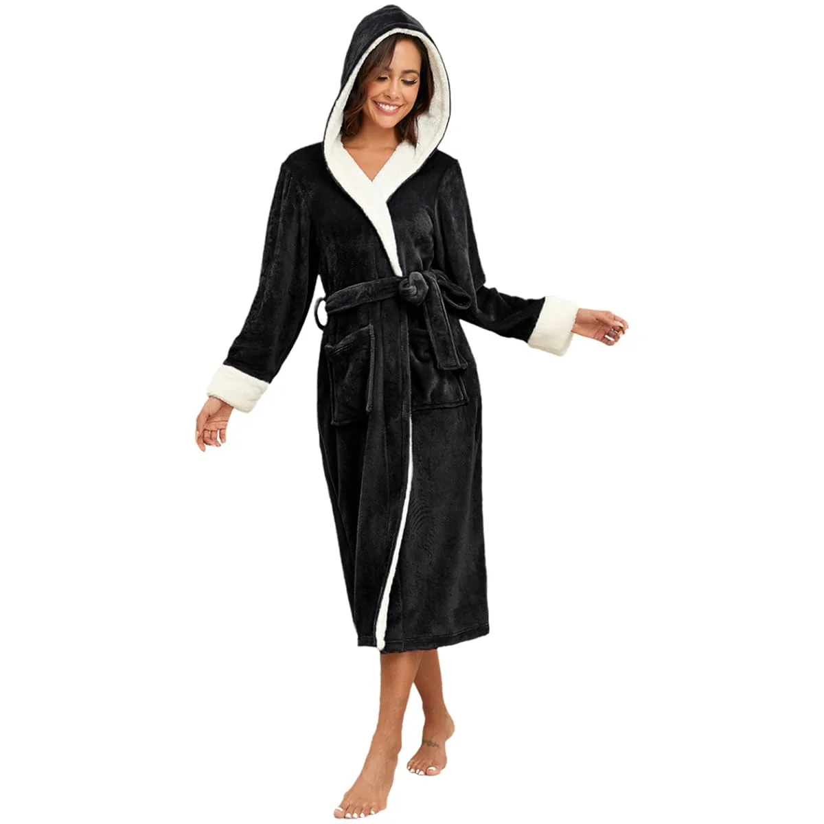 RONGTAI Damen-Bademantel aus Plüsch-Fleece, mit Kapuze, dickes Nachthemd, lang, Nachtwäsche mit zwei Seitentaschen und Gürtel