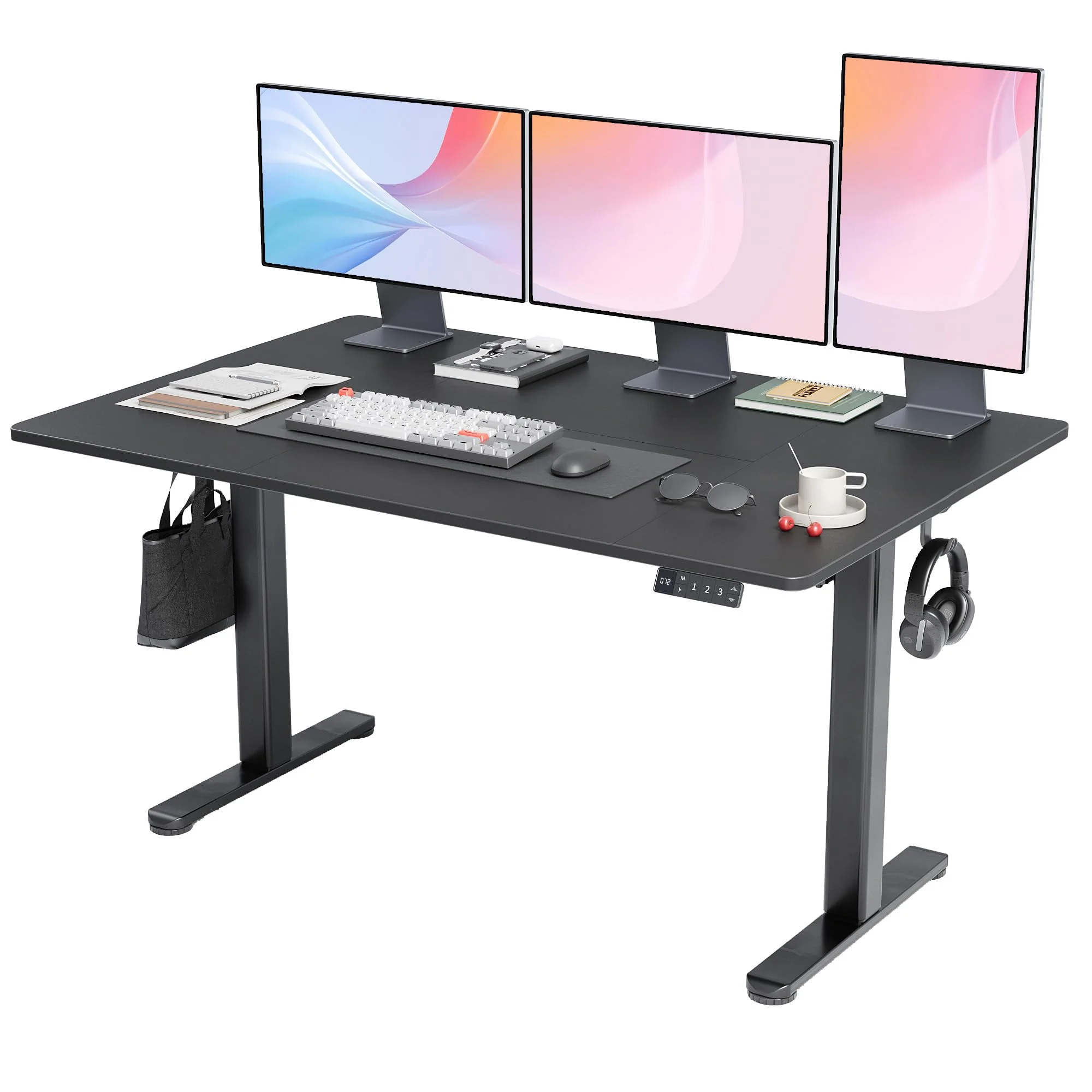 Claiks Schreibtisch Höhenverstellbar Elektrisch, Höhenverstellbarer Schreibtisch 140x70 cm, Standing Height Adjustable Desk, Schwarz Gestell/Schwarz Oberfläche