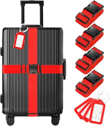 MosaiRudo 8 Stück Gepäckgurte und Anhänger Set (4 Gurte, 4 Anhänger), Gepäckgurte für Koffer, TSA-geprüft, Koffergürtel, Gepäckanhänger