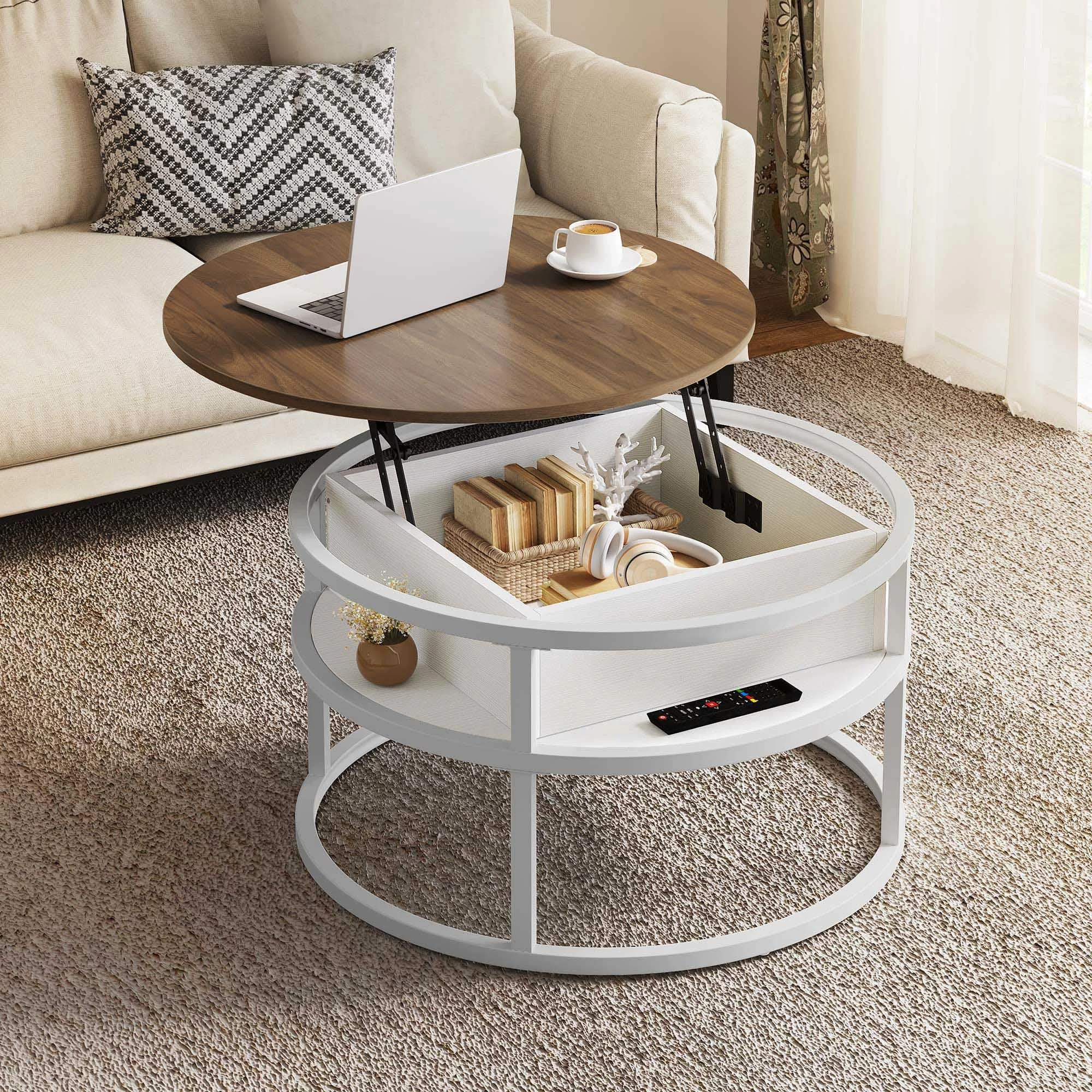YITAHOME Round Coffee Table with Lifting Plate, Living Room Table with Hidden Storage Compartment, Round Side Table with Storage Space for Home Office, Round Middle Tables, Living Room, White Oak