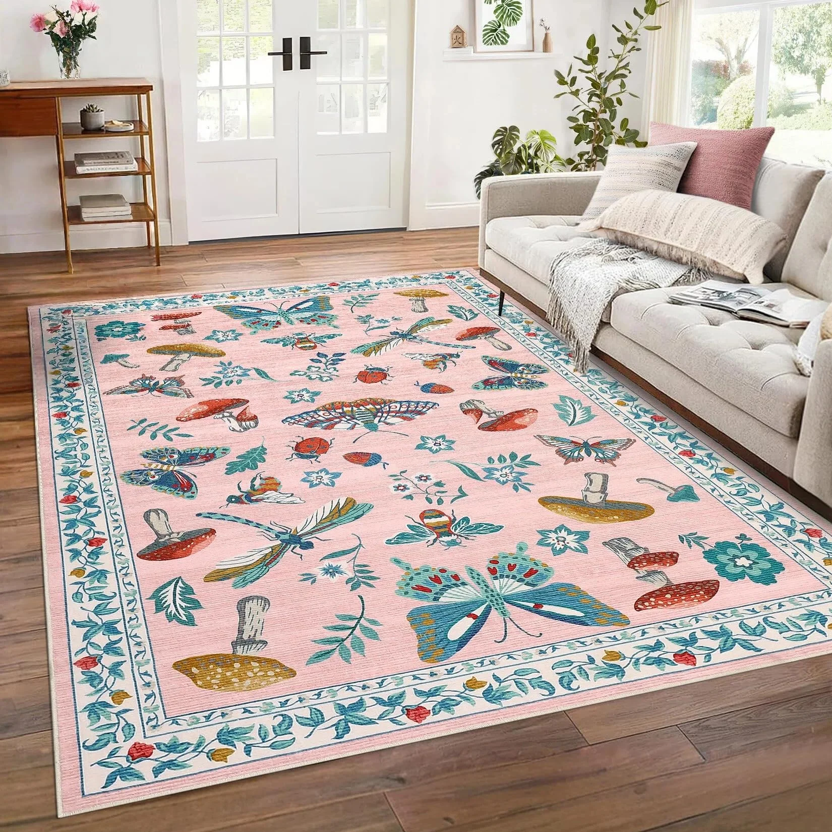 CAROMIO Teppich für Wohnzimmer 160x230 cm, Schmetterlings- & Pilz-Design, Waschbarer & Rutschfester Kurzflor-Bodenbelag, Weicher Teppich für Schlafzimmer Kinderzimmer, Altrosa