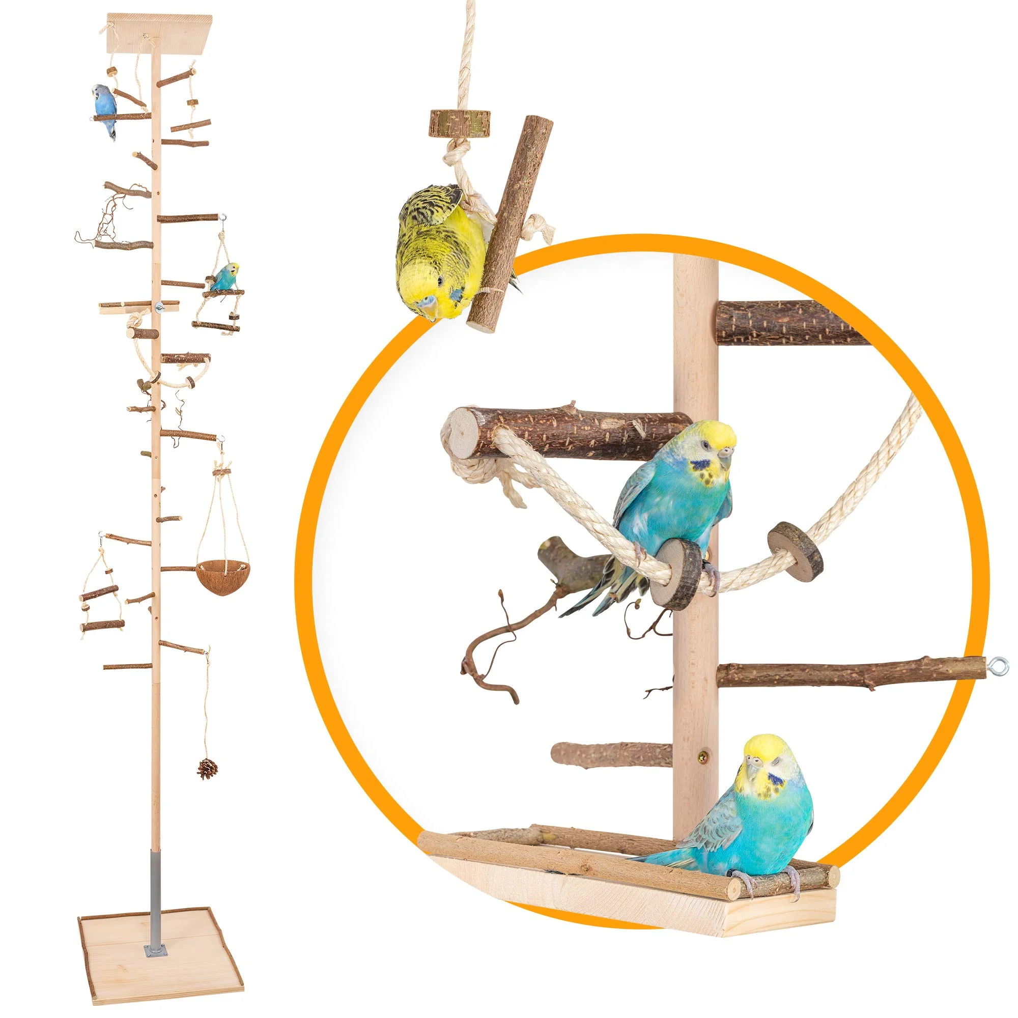Vogelgaleria® Zimmerhoher Vogel-Kletterbaum 247-249 cm HiFly Medio mit Naturholz-Sitzstangen Vogelspielzeug Vogelschaukel Vogelspielplatz Freisitz Freiflug Landeplatz für Wellensittich Nymphensittich