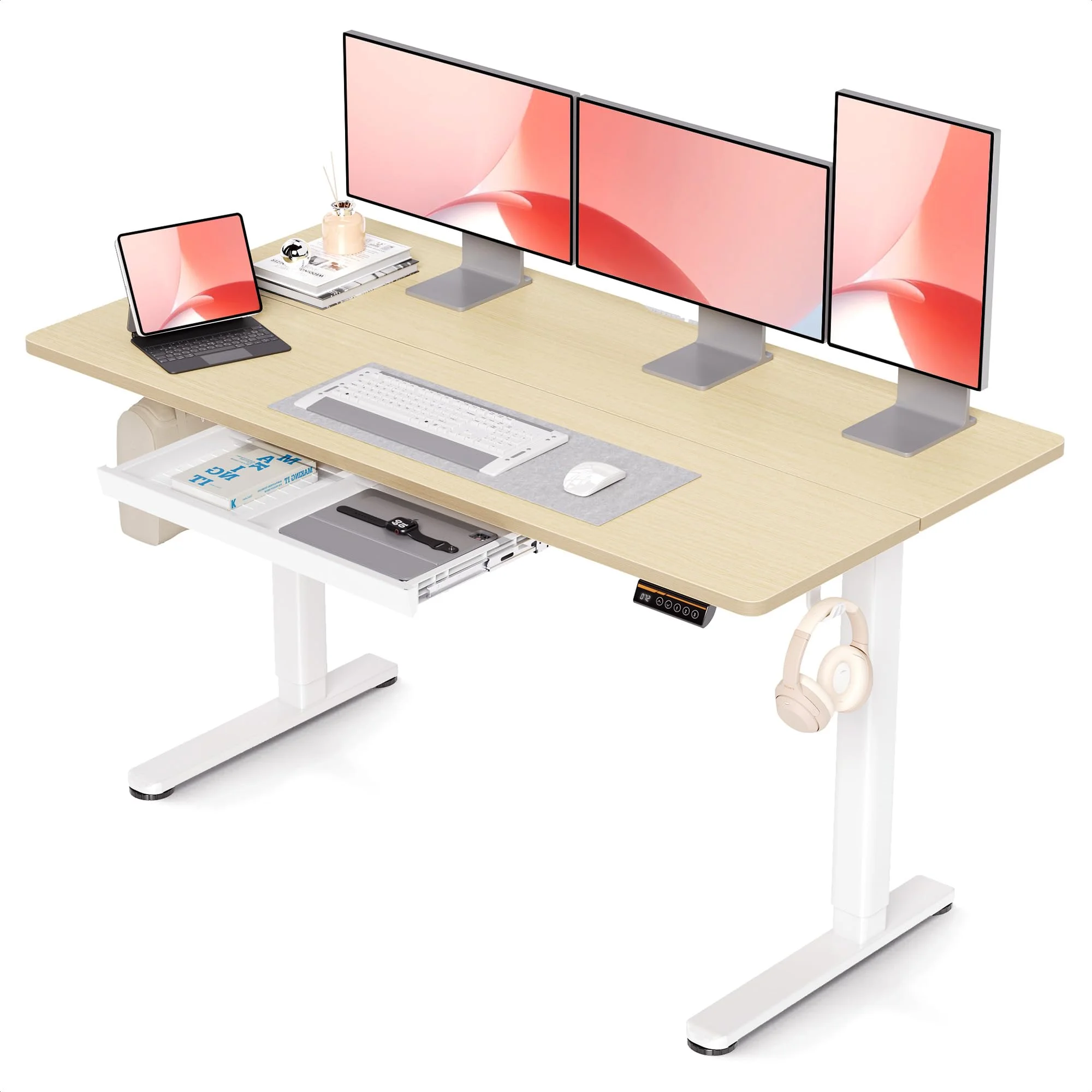 Claiks Höhenverstellbarer Schreibtisch 140x60cm mit Schublade, 80kg Tragkraft Elektrisch Schreibtisch Höhenverstellbar mit 3-Funktions-Memory und 2 Kopfhörerhaken, Standing Desk with Drawer, Beige
