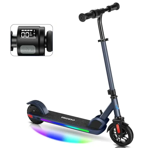 Caroma E Scooter für Kinder Alter 6-14, 150W/180W Motor, 16 km/h, 80 mins Fahrzeit, einstellbare Geschwindigkeit und Höhe, Bunte Lichter, LED-Anzeige, Faltbarer Kinder Elektroroller