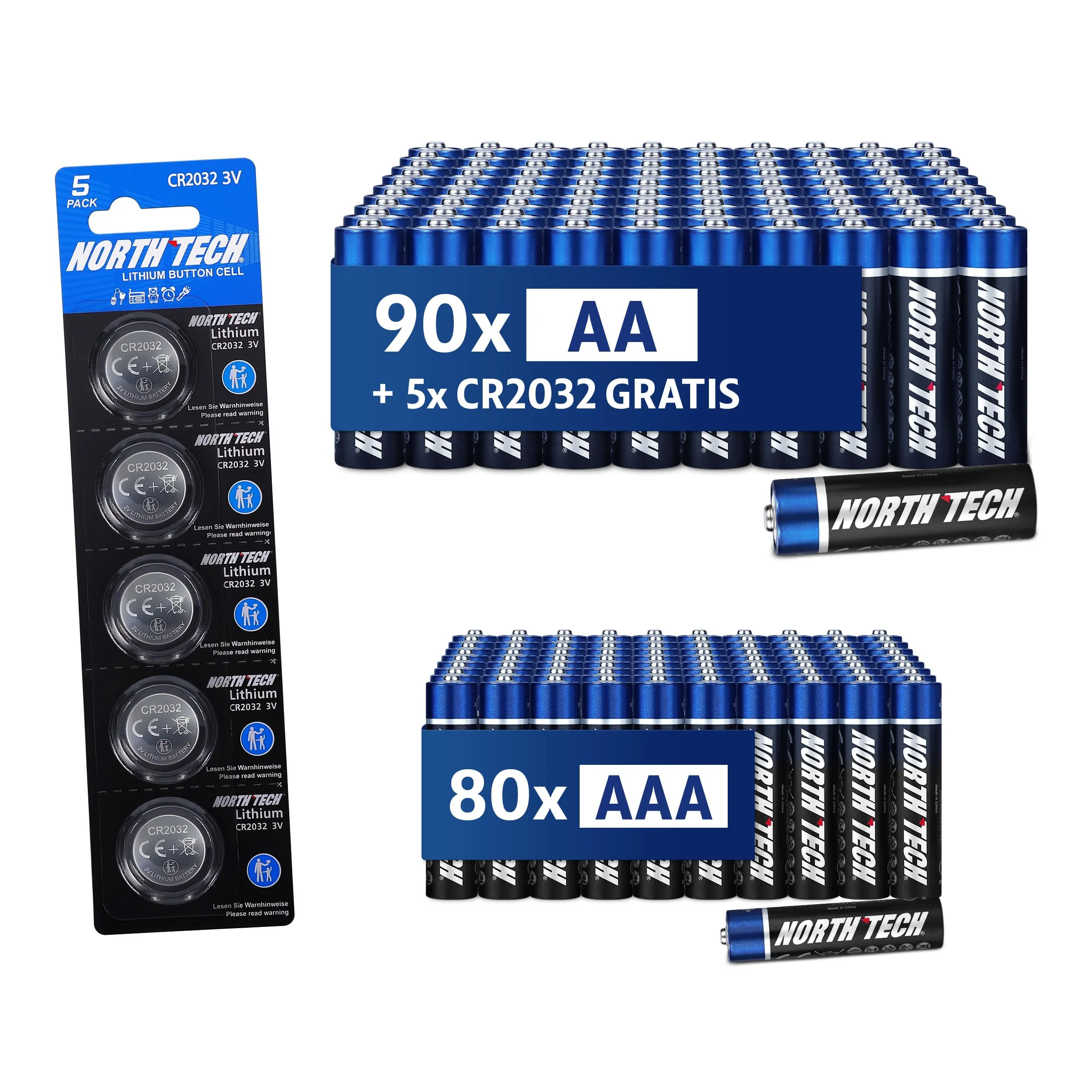 North Tech Ultra Alkaline AA & AAA Batterien – 2800 mAh (AA) & 1200 mAh (AAA) | XXL-Vorratspack (90 AA + 80 AAA + 5 CR2032) | Langlebig, auslaufsicher & umweltfreundlich | 10 Jahre Haltbarkeit