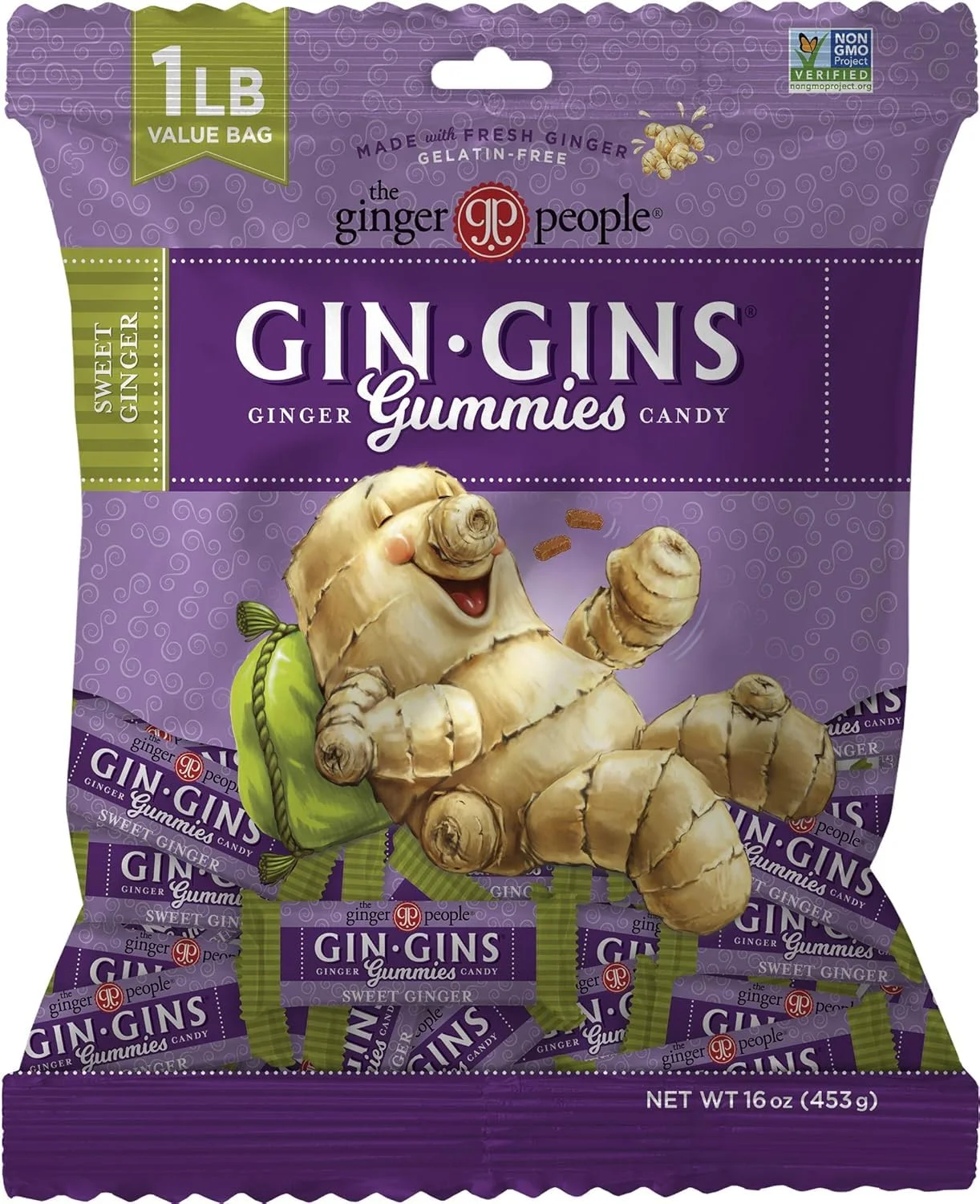 GIN GINS – Süße Ingwer-Gummibonbons – Hergestellt mit frischem Ingwer – EinzelverPackungt – Süßer Ingwergeschmack – The Ginger People – 453 g Beutel – (1er-Packung)