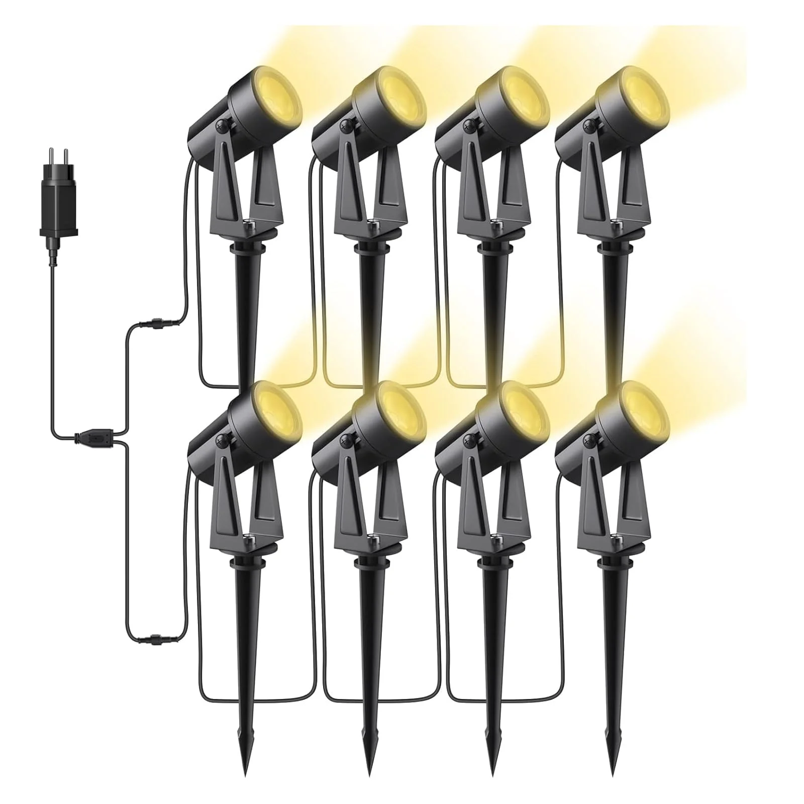 Bomcosy Gartenbeleuchtung, 28M/8er Set Gartenleuchte mit Erdspieß, DC 27V 1600LM IP65 Wasserdicht LED Gartenstrahler mit Stecker, Warmweiß Scheinwerfer Gartenlampe Wegbeleuchtung Spot Hochzeit