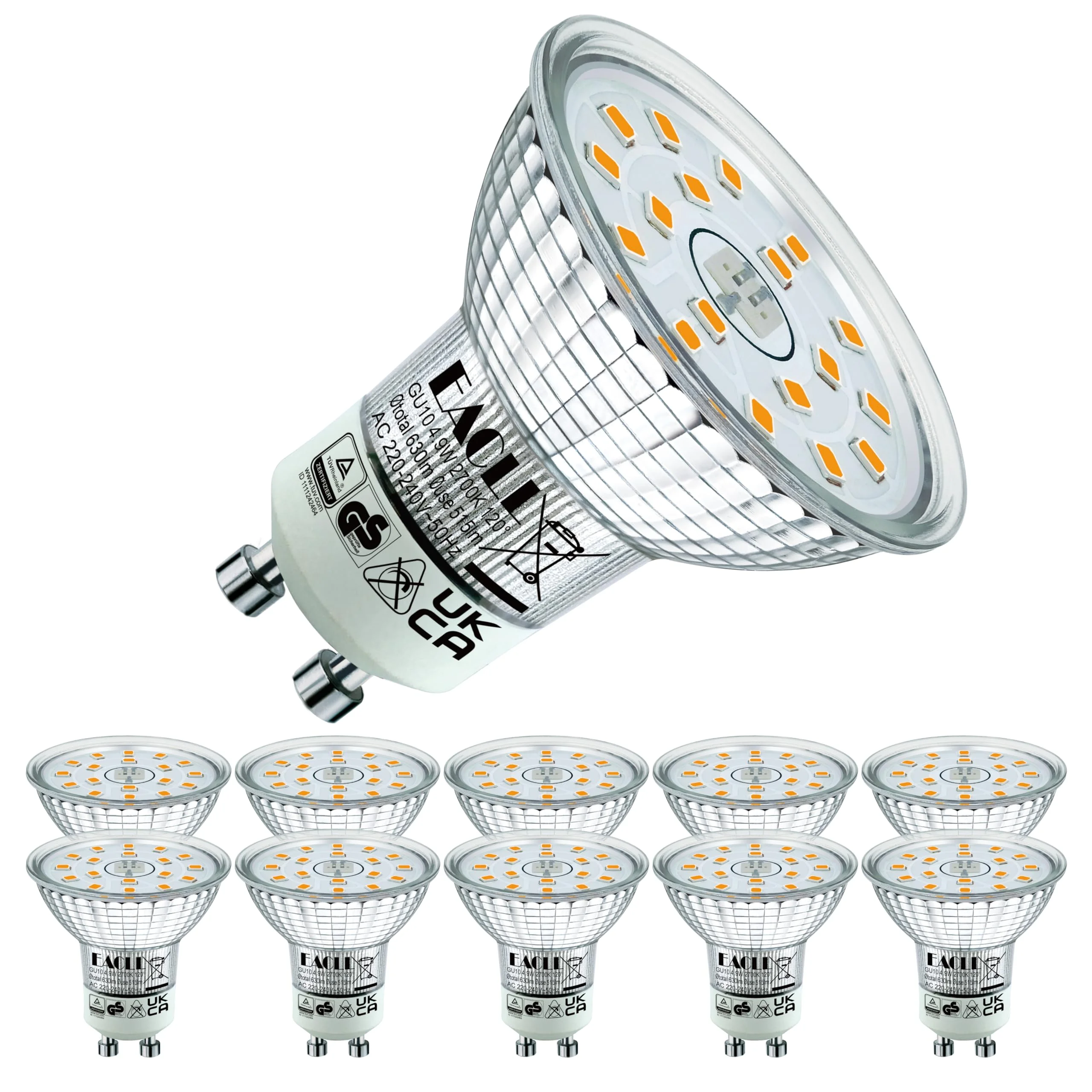 EACLL GU10 LED Warmweiss 4.9W Ersetzt 70W Halogen Leuchtmittel, 10er-Pack. 515 Lumen 2700K Birnen, AC 230V Flimmerfrei Strahler, Abstrahlwinkel 120° Spot, Nicht Dimmbar Ø50xH53mm Reflektorlampen