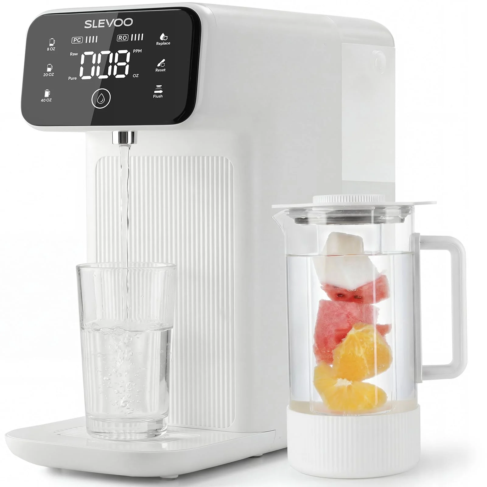 Auftisch Osmoseanlage Trinkwasser,6-stufiger Filtration gegen Nitrat & PFAS,Abwasserverhältnis 4:1,TDS-Monitor, 4L-Tank, 1,2L Remineralisierungs-Glaskrug für alkalisches Wasser,Null-Installation,Weiß