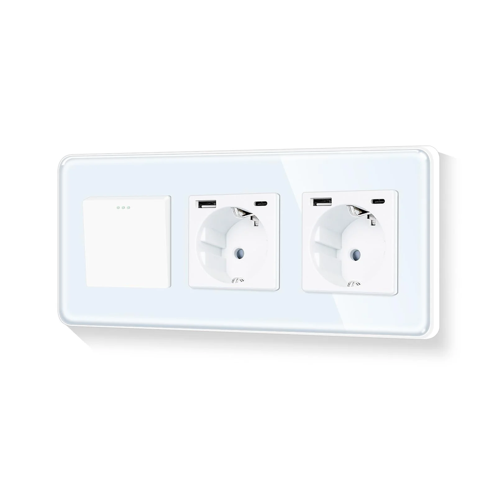 LIAONFOY Runde Schuko 1 Weg Lichtschalter mit Doppel 20W Steckdose Typ c und USB Kombination Glasrahmen Weiß Unterputz Gekurbte Kanten rahmen 100-240V 228mm(Neutrale erforderlich)
