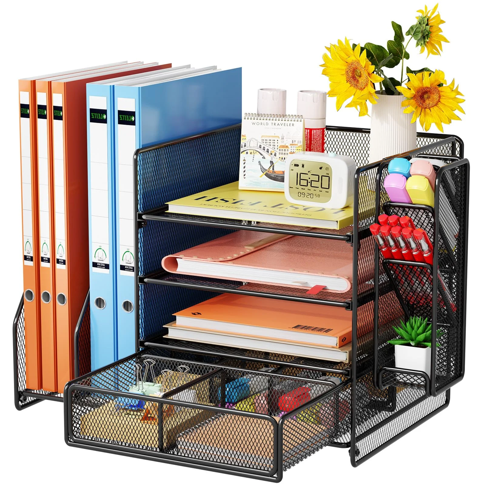 Casavibe Schreibtisch Organizer mit Aktenhalter - 5-Tier Briefablage Ablagefächer mitSchublade,4 Stithalter, Schreibtisch-Aufbewahrung, Zeitschriftenhalter fürBürobedarf (schwarz)