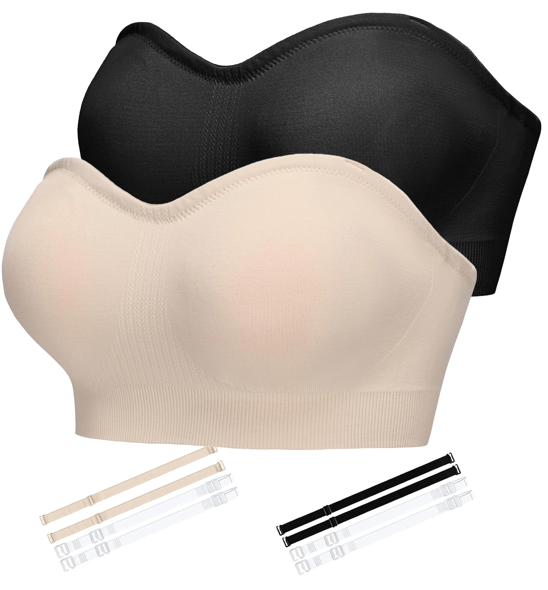 Damen Trägerloser BH Push Up Ohne Bügel Bandeau Top Große Größen Rutschfestes Silikon Bralette Nahtlose Tube Top mit Klare und Schwarz Träger