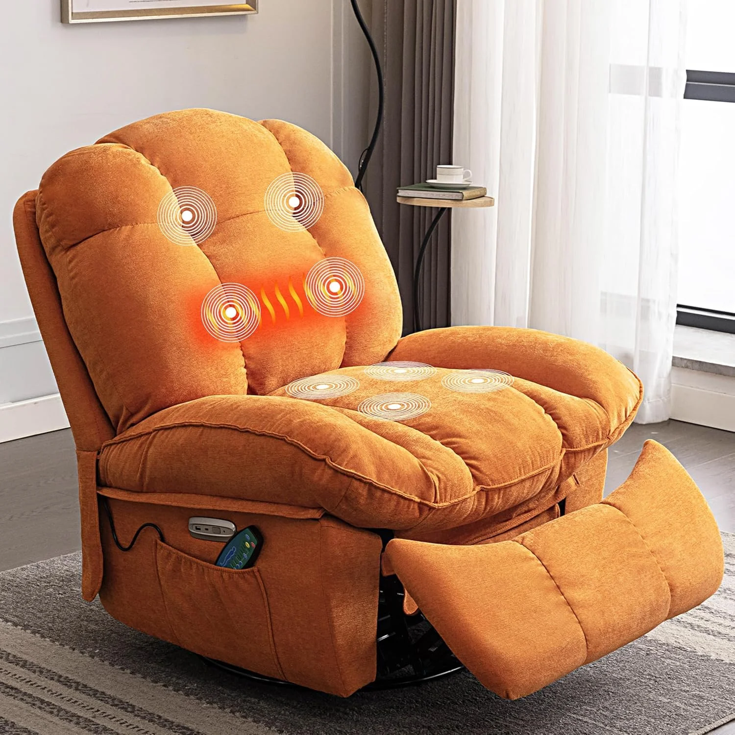 LONXIU Relaxsessel Elektrisch, Massagesessel Mit Ladeanschluss und Heizung, Fernsehsessel Elektrisch Verstellbar Für Wohnzimmer, Rückenlehne & Beinstütze Getrennt Verstellbar (Orange)