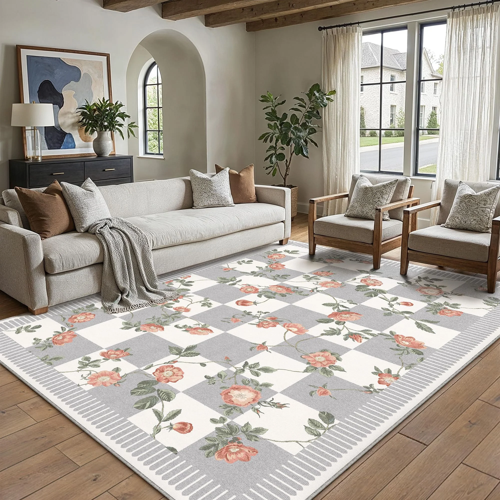 PureCozy Teppich Wohnzimmer 160x230cm Blumenmuster Blumen Kariert Waschbarer Rugs for Living Room Weich rutschfest Tepich Kurzflor Schlafzimmer Carpet Esszimmer Bedroom Teppiche Büro, Grau&Weiß
