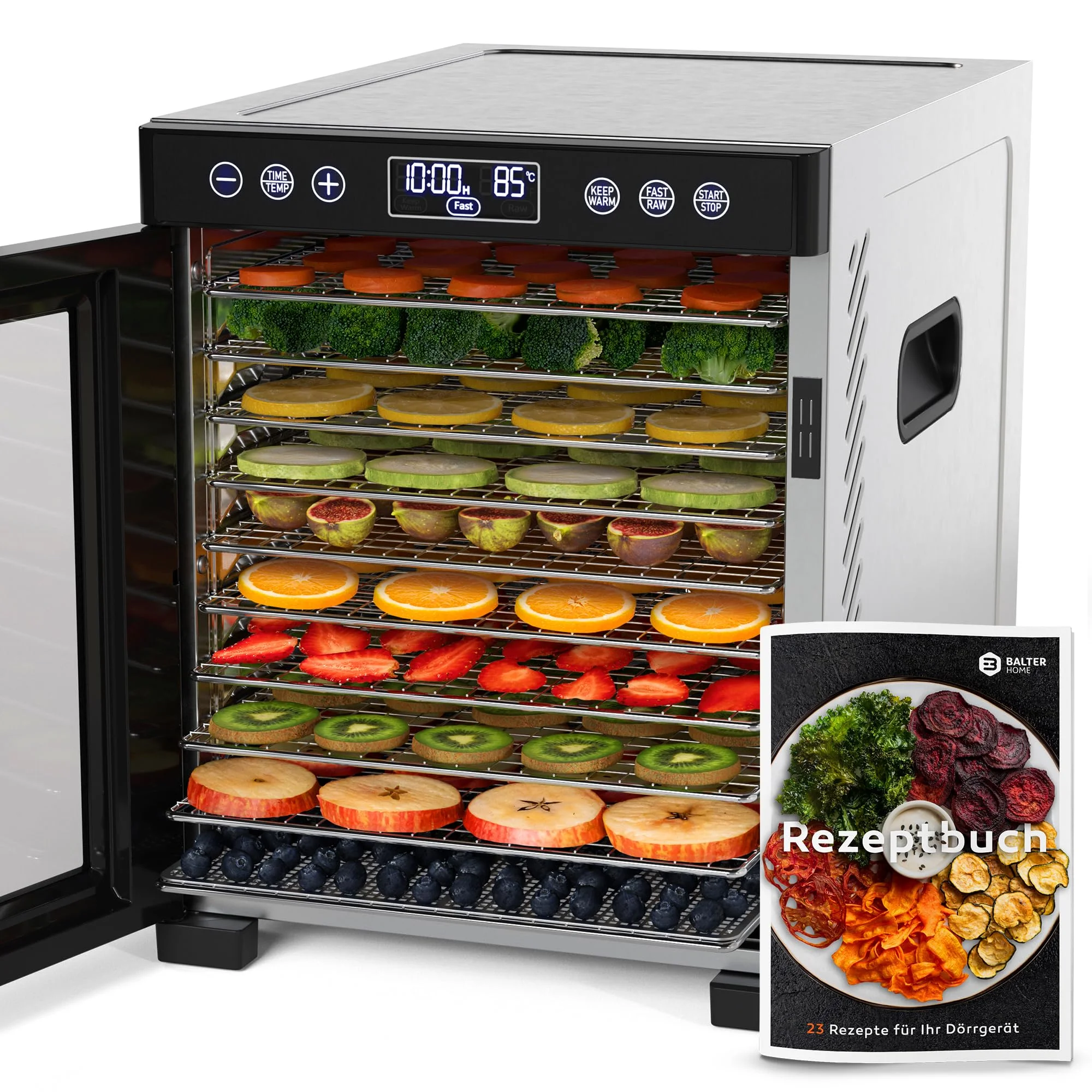 Balter Dörrautomat Edelstahl, Dörrgerät mit 10 Einlegefächern, BPA-frei, 700W, 8400 cm² Dörrfläche, 35°- 75 °C, Timer bis 48 Std, Dehydrator, Obsttrockner Dörrapparat Warmhaltefunktion, Rezeptbuch
