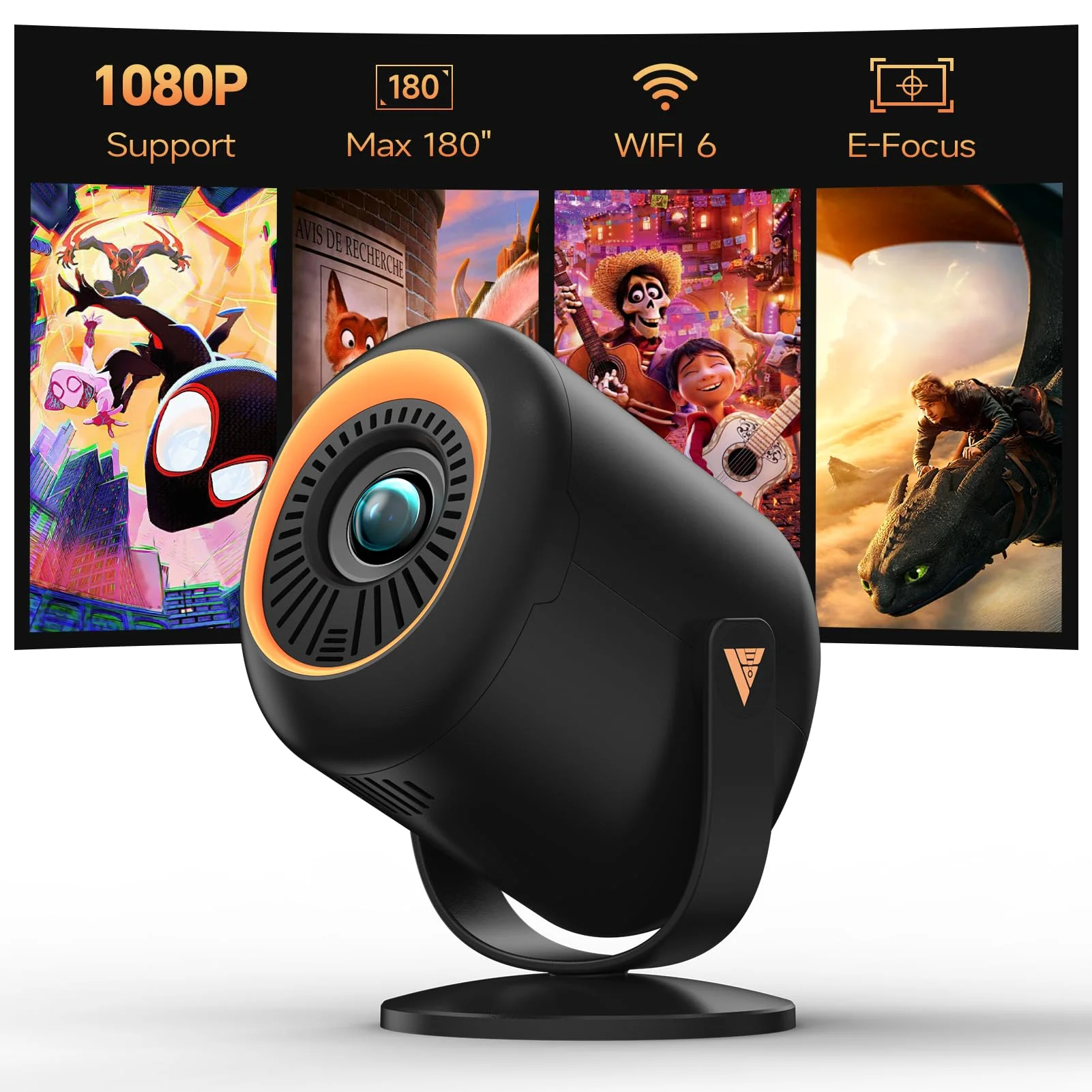 Mini Beamer 1080P Heimkino,Tragbarer Projektor,Native 1080P Smart Beamer mit um 180°verstellbarem Ständer,max 180" Display, integrierte Lautsprecher,WiFi und Bluetooth mit iOS/HDMI/USB/Android/Windows