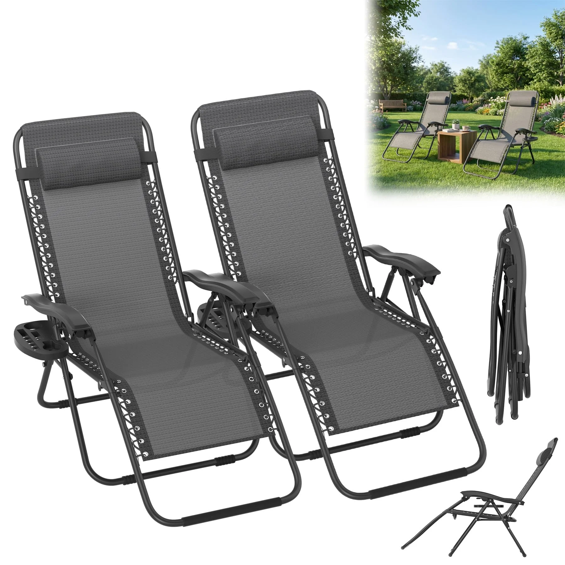 ACXIN Liegestuhl Klappbar Extra Breit, Sonnenliege und Gartenliege Wetterfest mit Zwei-Stufen-Rückenverstellung, Campingstuhl Faltbar für Balkon und Terrasse, Stabil bis 120kg(Anthrazit, 2 Stück)