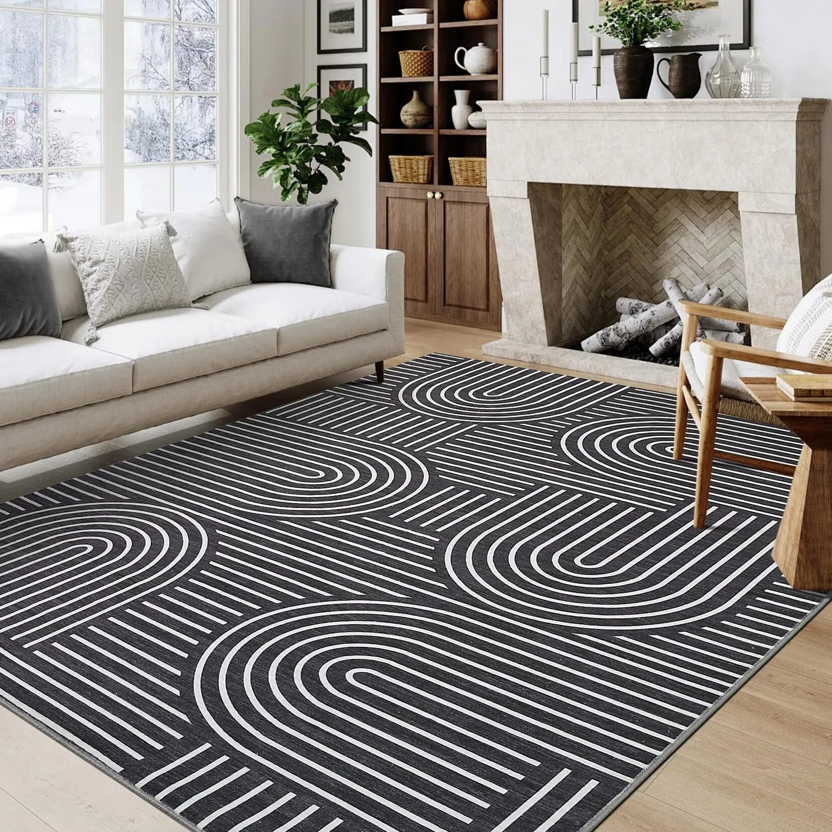 LuxFocus Großer Wohnzimmer-Teppich 200x290 cm, Rutschfester Kurzflor mit geometrischem Linien-Design, modernes strukturiertes Muster für Esszimmer & Lounge, Schwarz