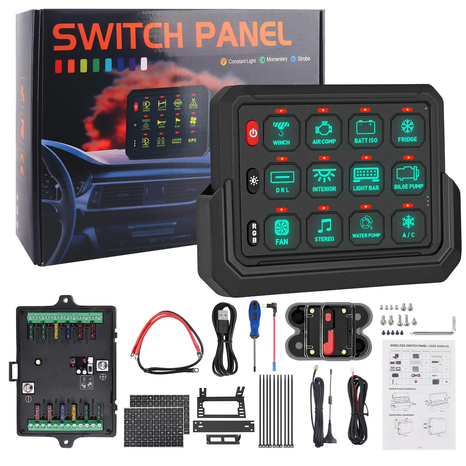 Chelhead 12 Gang Schalter Panel Kit kabellos 81m Reichweite mit Kippschalter Momentlicht Blitzlicht Stroboskopfunktion wiederaufladbar RGB-Beleuchtung wasserdicht kompatibel mit 12V/24V Fahrzeugen