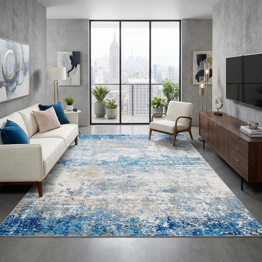 CAROMIO Moderner Abstract Teppich Wohnzimmer 160x230 cm, Waschbarer Großer Schlafzimmer Teppich, rutschfest Kurzflor Teppiche Büro Esszimmer, Grau Blau