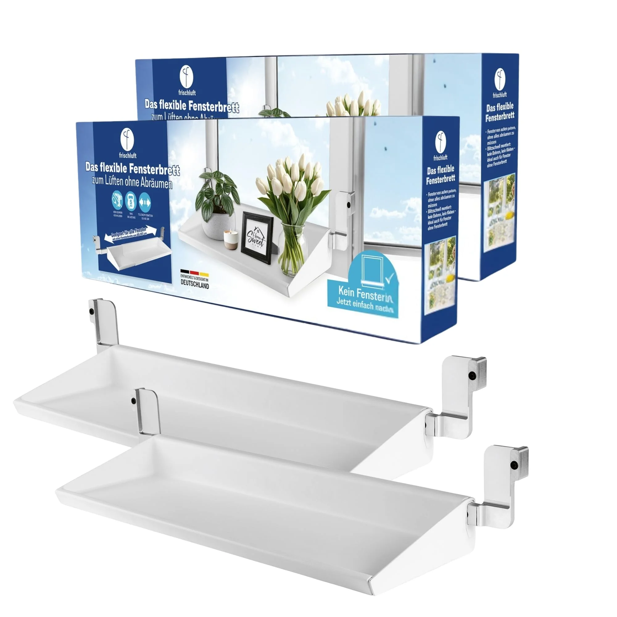 frischluft Fensterbrett – Flexible Fensterbank zum Lüften ohne Abräumen 2er Set | Ohne Bohren & Kleben, einfach einklemmen | Teleskop 55–86 cm, für Fensterbreite 65–107 cm, bis 5 kg