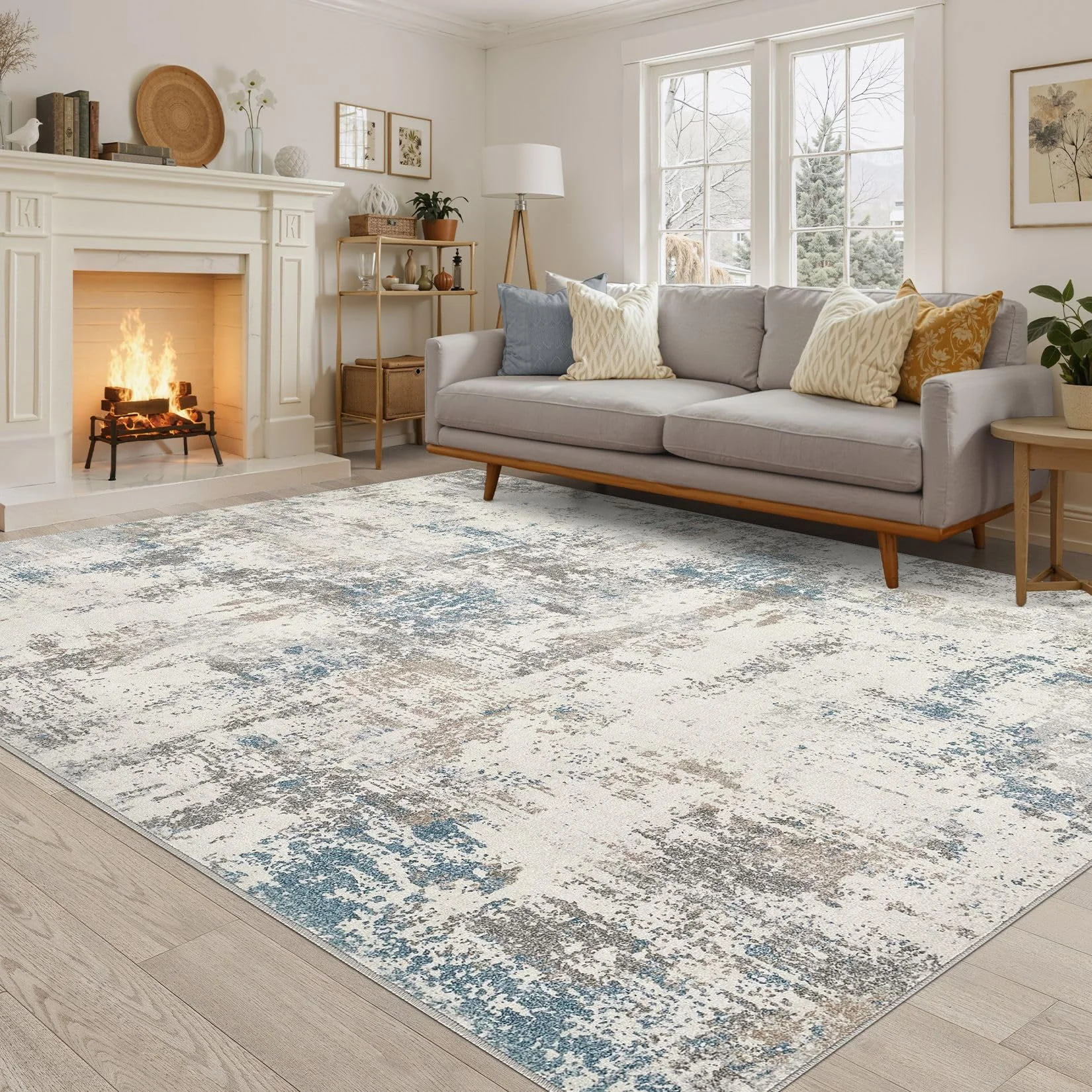 DMOYEST Teppich Wohnzimmer 200x300cm Modern Beige/Blau/Braun, Kurzflor Weich Maschinenwaschbar rutschfest, Kinder- und Haustierfreundlich für Schlafzimmer, Esszimmer und Büro