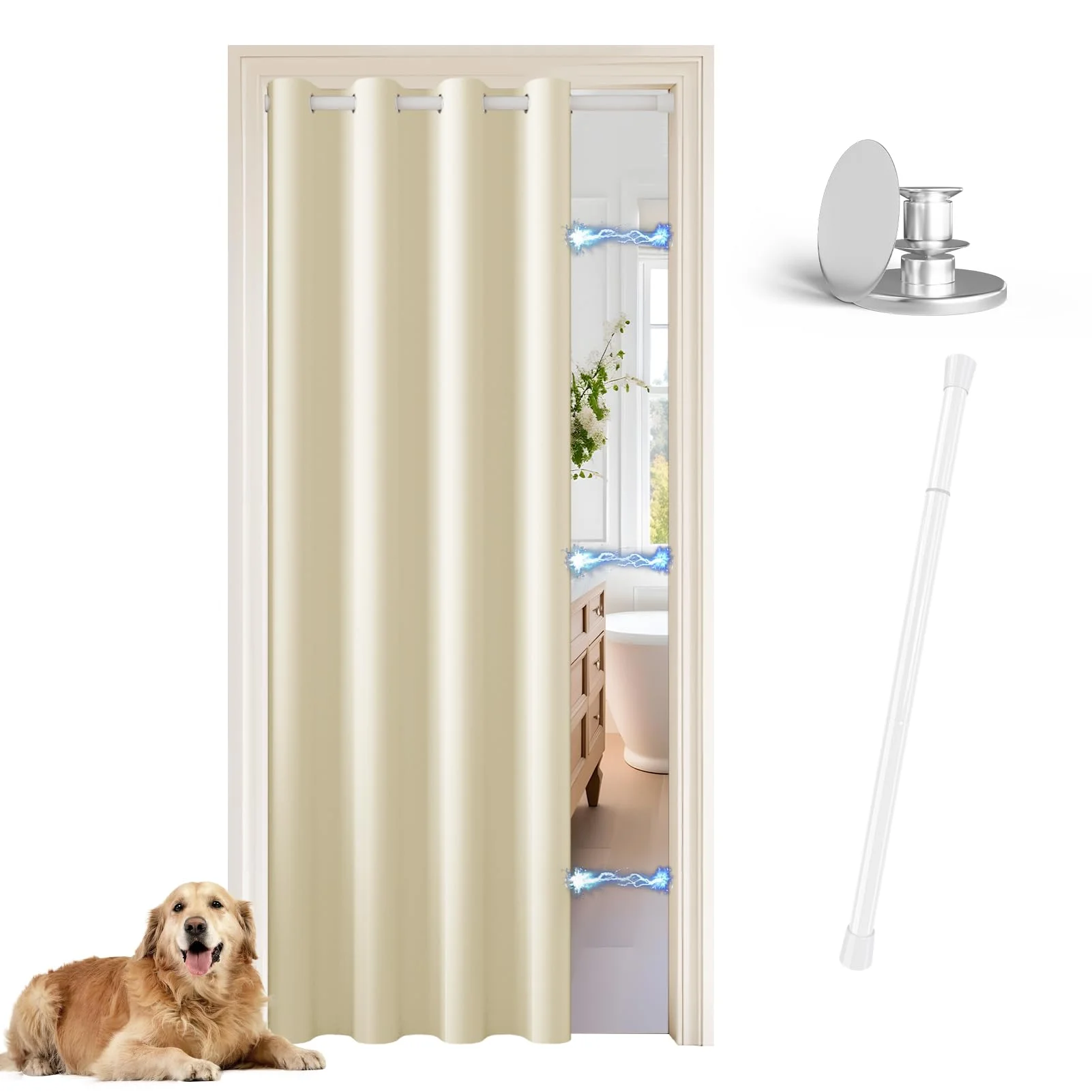 JCyh Türvorhang ohne Bohren mit Stange und Magnetknopf，Thermovorhang mit Ösen H 200 x B 132 cm, Akustikvorhang für Schlafzimmer/Wohnzimmer/Arbeitszimmer, Vorhang Hellbeige + Stange Weiß