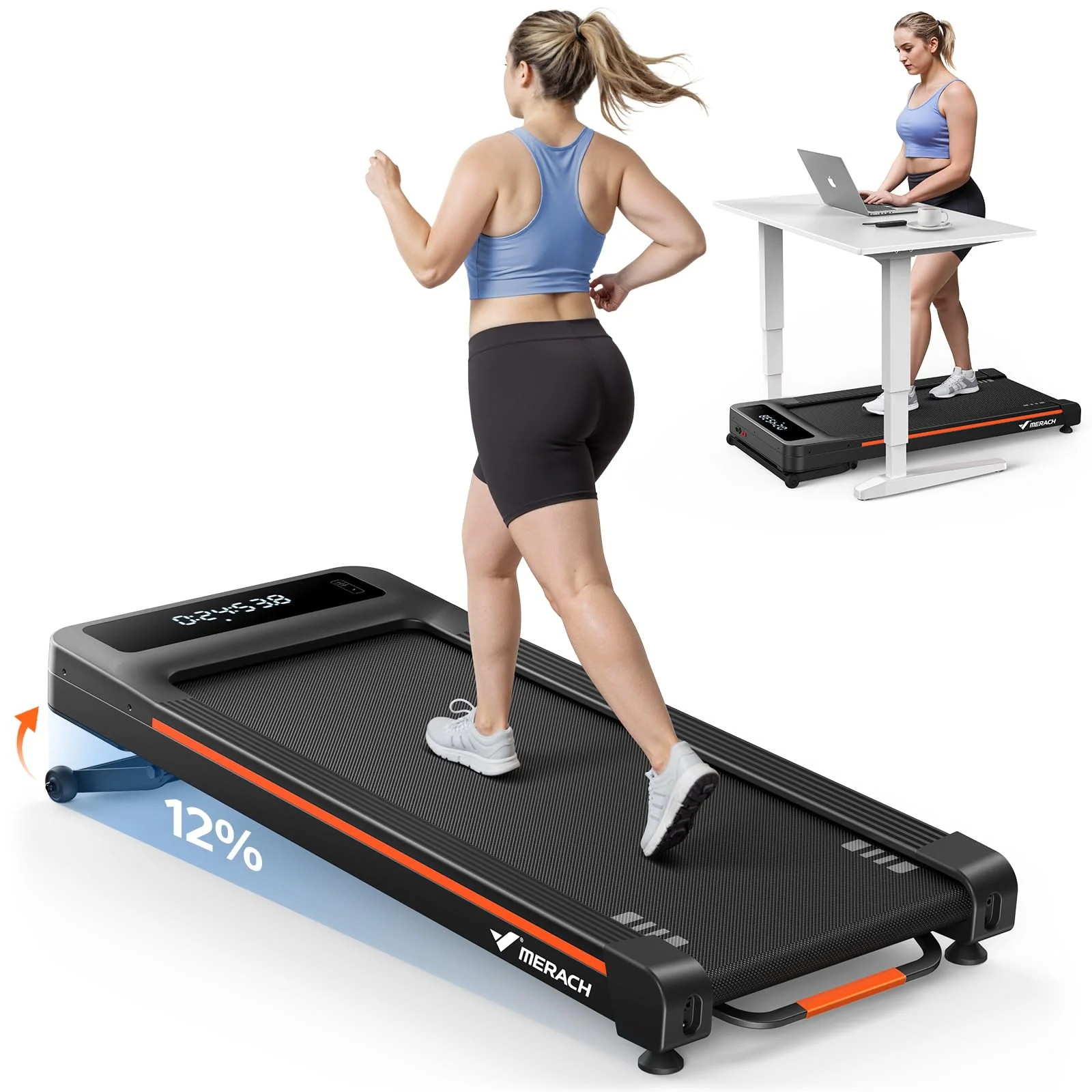 MERACH Walking Pad, Laufband Für Zuhause mit 12%/10% Automatischer Steigung, Max 180KG/159KG, Leiser Motor, Laufband Schreibtisch für den Heim- und Bürogebrauch, Geräuscharme Laufbänder,Fernbedienung