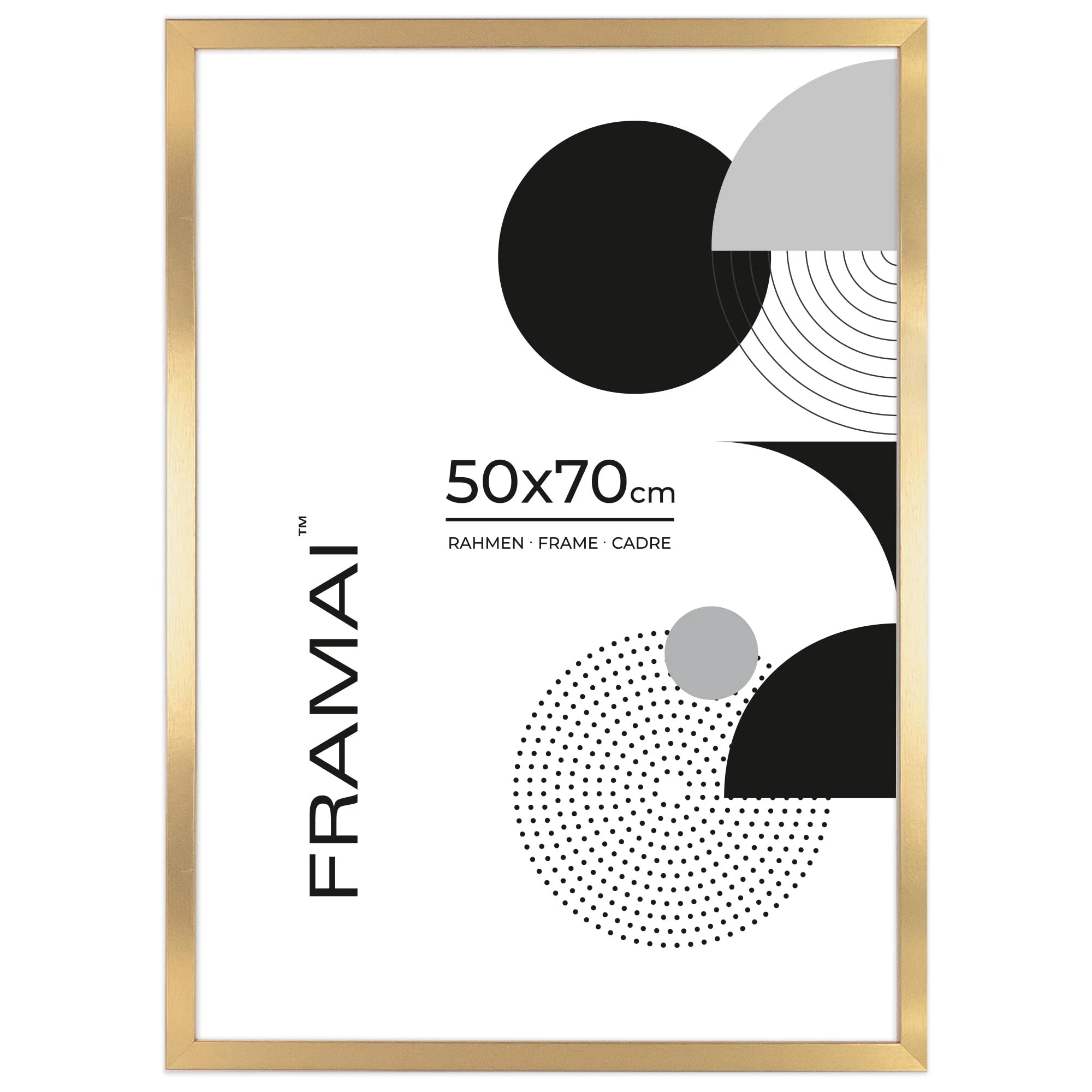 FRAMAI® Bilderrahmen 50x70 cm Gold MDF Umweltfreundlichem Rahmen mit Bruchsicheren Plexi, Aufhänger und Aufsteller