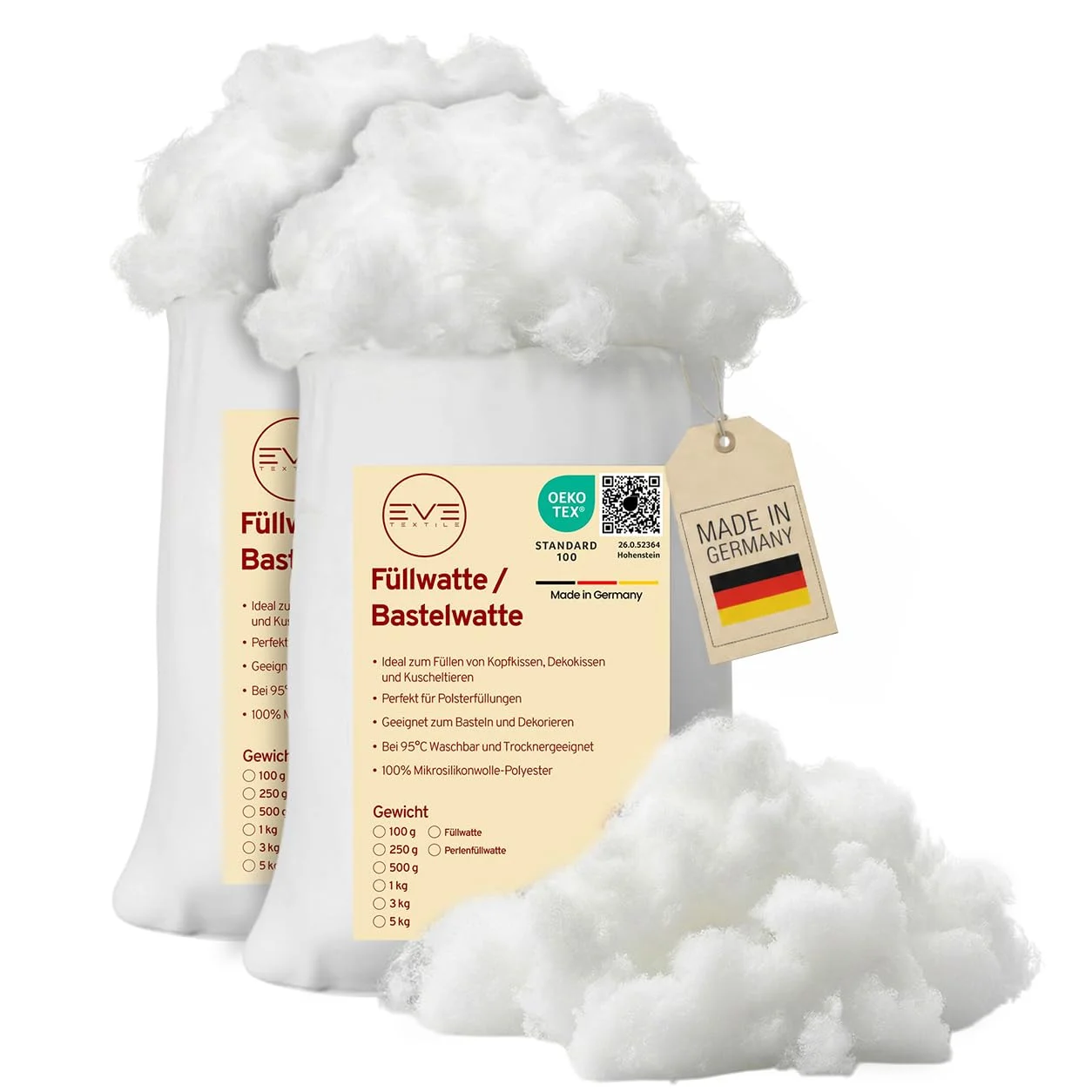 EVE Textile® Füllwatte 3 kg Weiche Watte & Füllmaterial Öko-Tex 100 Zertifiziert für Kissen, Kuscheltiere Hochbausch Bastelwatte, Stopfwolle & Kissenfüllung Ideal als Füllmaterial Kissen & Wolkendecke
