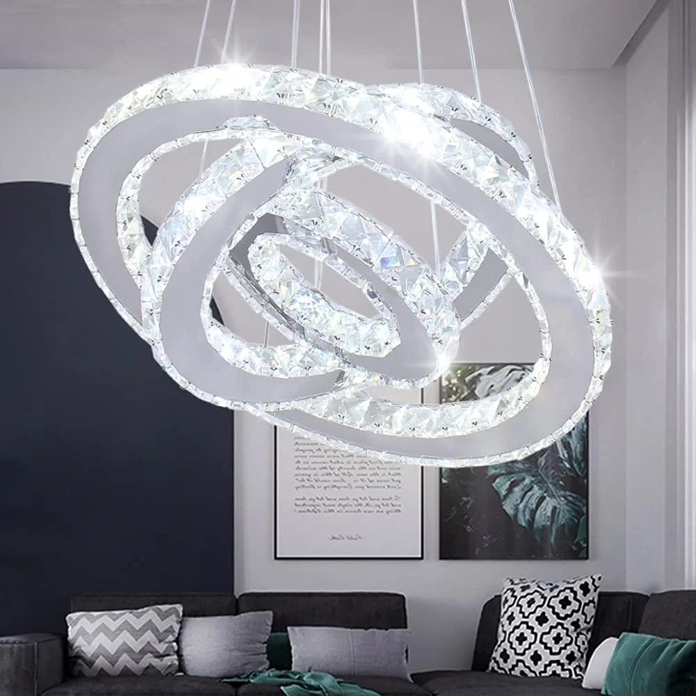 diisunbihuo Moderner LED Kristall Kronleuchter mit 3 Ringen, höhenverstellbare Decken-Pendelleuchte 20/30/40cm aus Edelstahl & Kristall Kaltweiß für Wohnzimmer Esszimmer Schlafzimmer