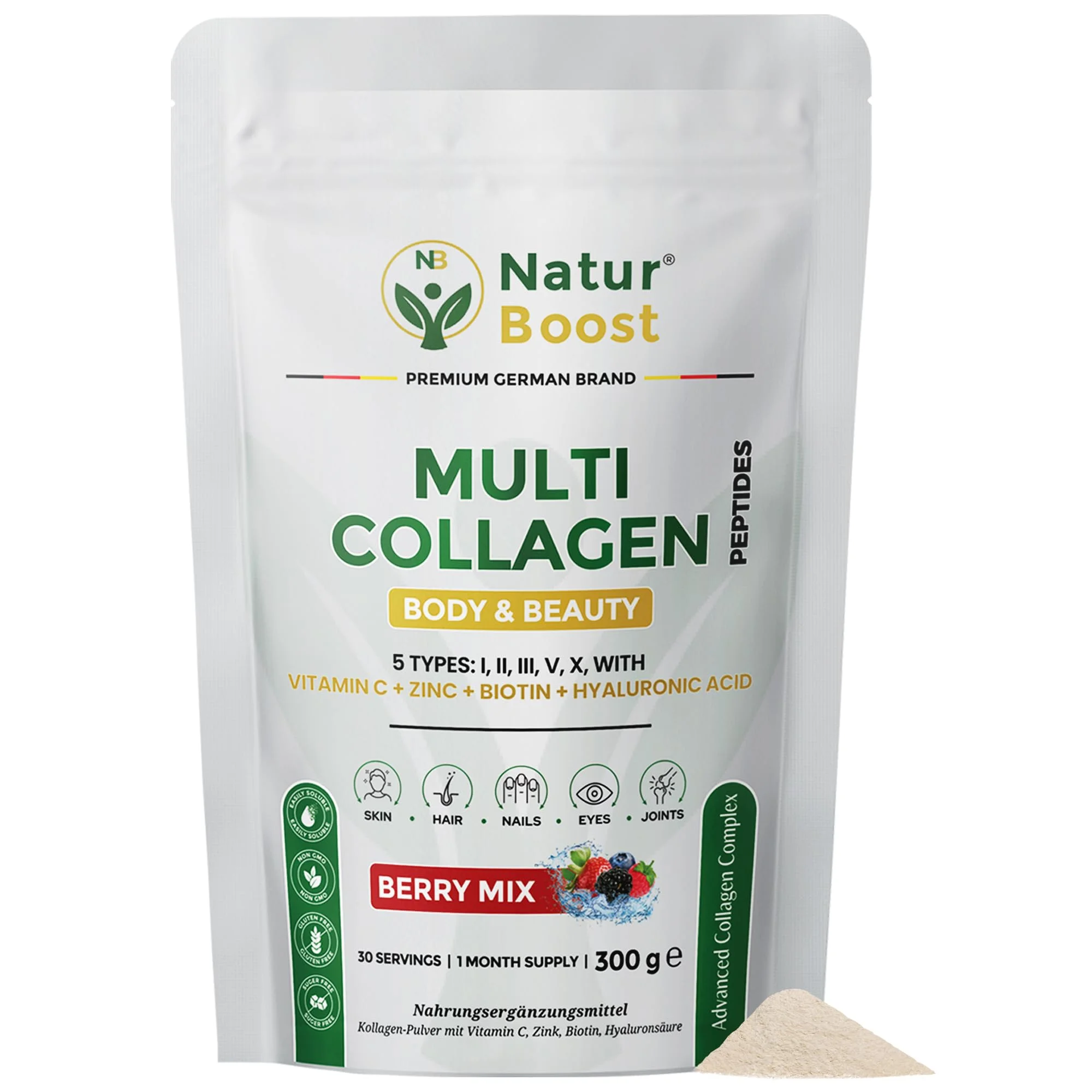 Multi Kollagen Pulver 300g Wildberry – 5 Typen (I, II, III, V, X) – hochdosiert & bioverfügbar – Kollagen Hydrolysat mit Vitamin C, Biotin, Zink & Hyaluron – für Haut, Haare, Nägel & Gelenke
