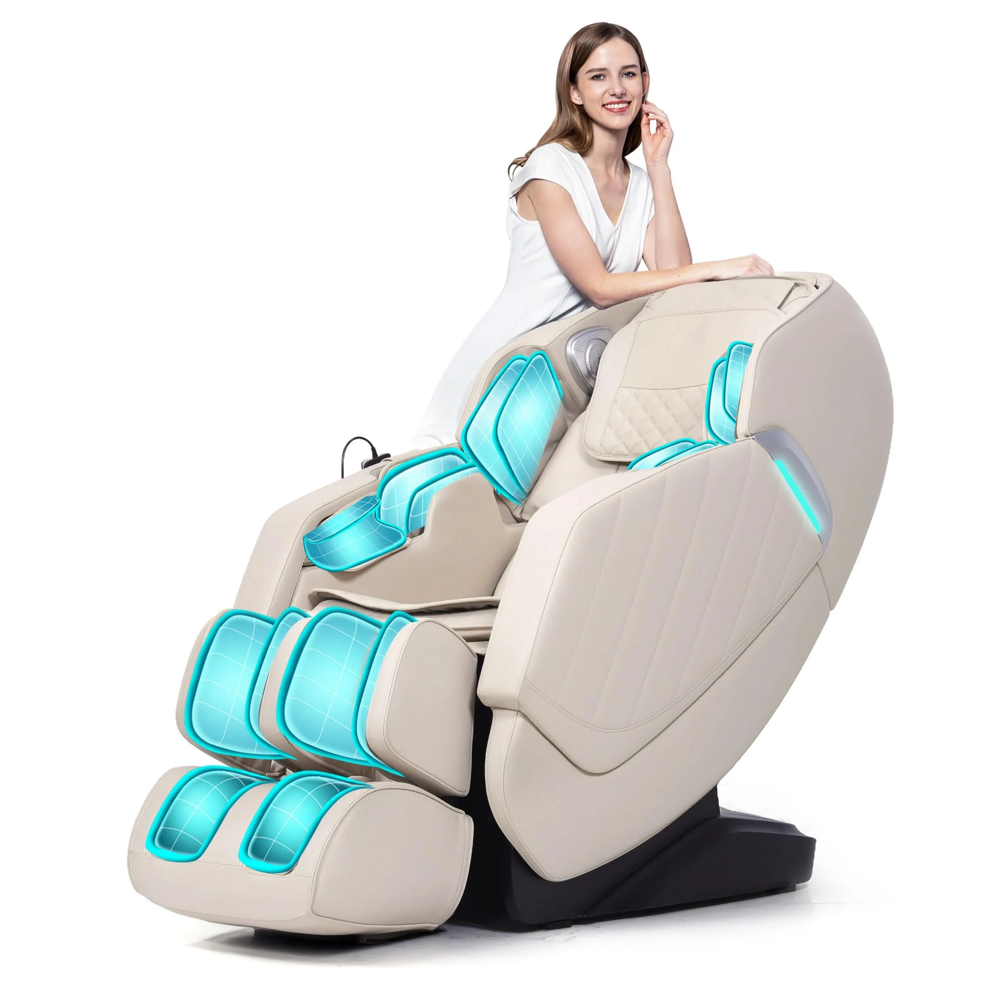 HealthRelife Massagesessel für den ganzen Körper Intelligenter Massagestuhl Zero Gravity 3D-Robotische Hände mit SL-Schiene Relaxsessel Bluetooth-Lautsprecher Beige