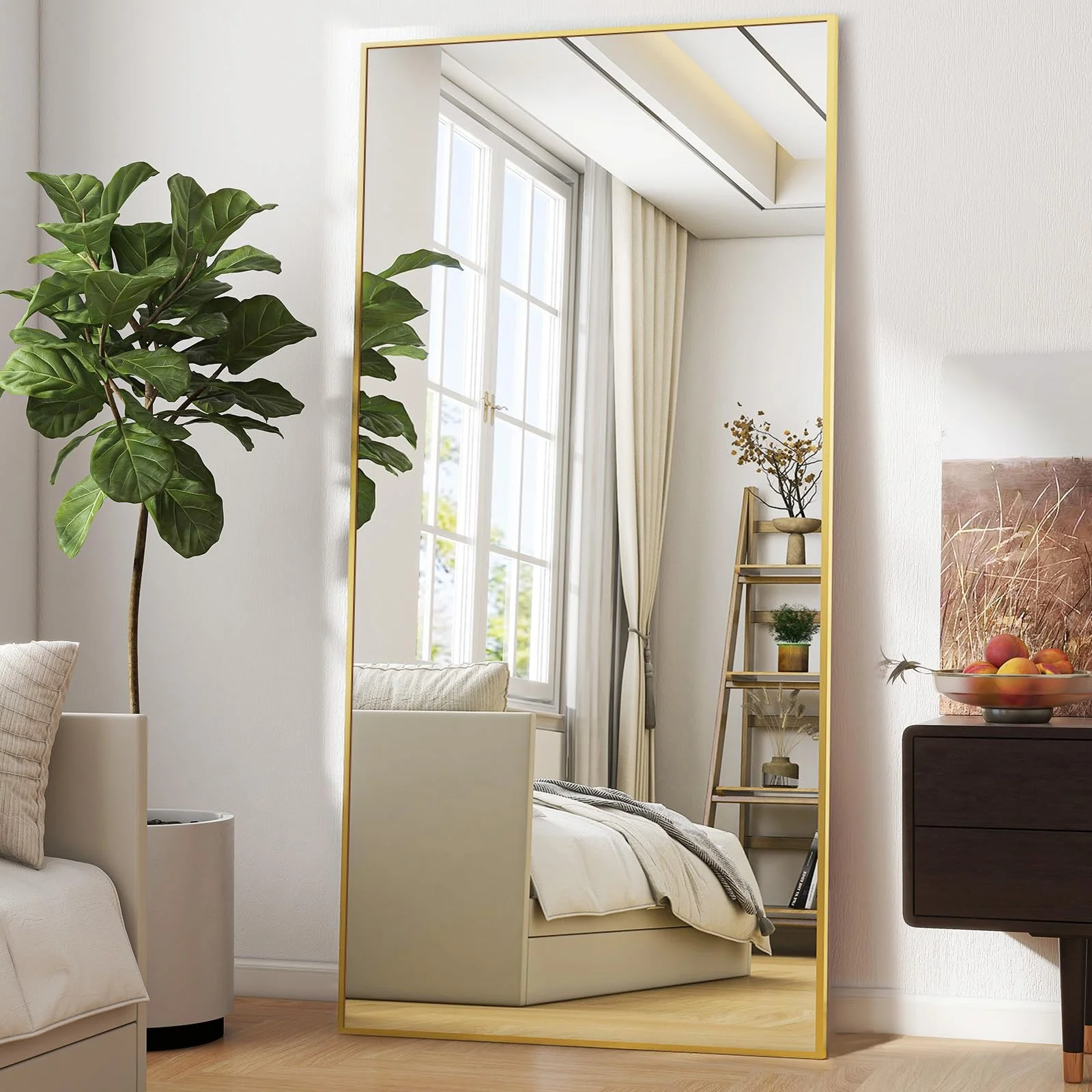 BEAUTYPEAK Übergroßer Großer Ganzkörperspiegel 76x180 cm, Bruchsicher Standspiegel hängend oder lehnend an die Wand, Groß Bodenspiegel mit Ständer für Schlafzimmer, Wohnzimmer oder Ankleidezimmer,Gold