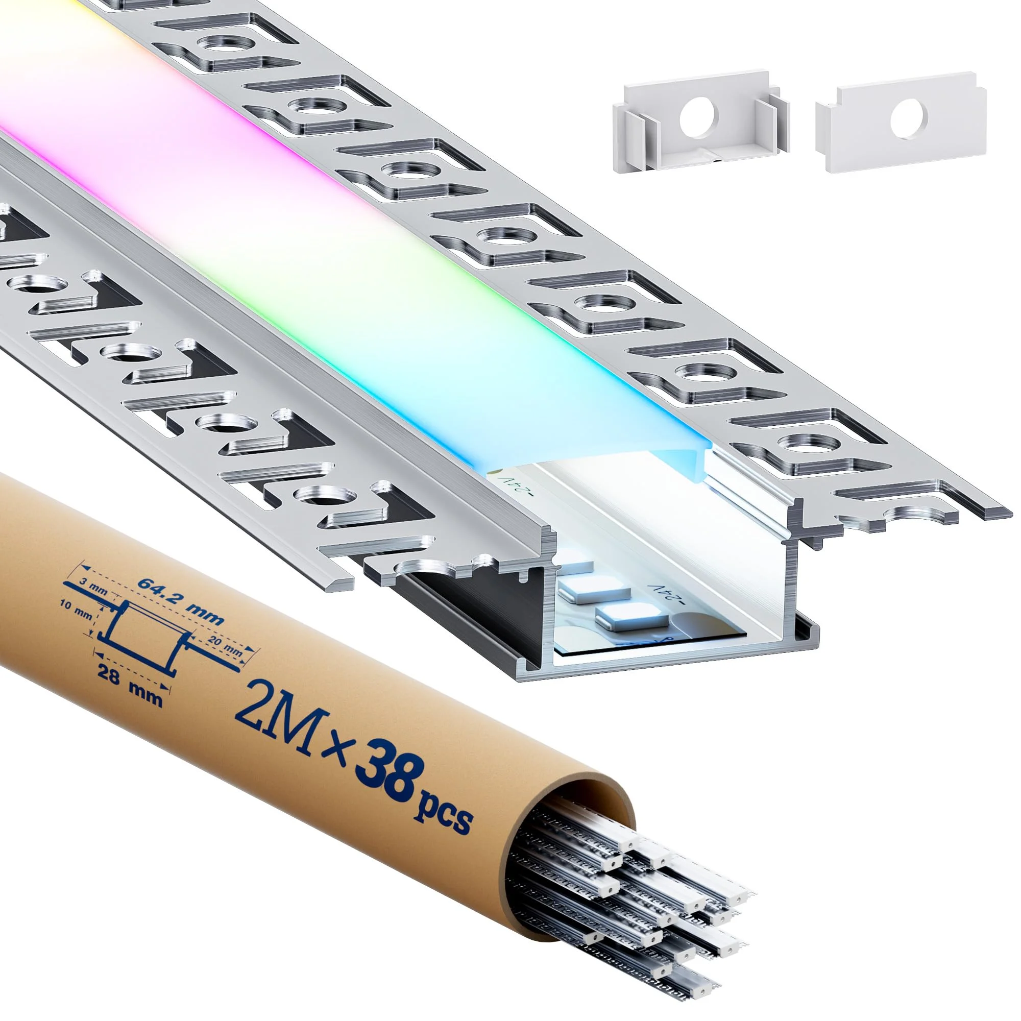 HOOLED 38 x LED Trockenbauprofil 2m - Aluminium Profil Schiene Unterputz mit Diffusor - LED Einbaukanal für indirekte Deckenbeleuchtung, Gipskarton, Wand und Decke