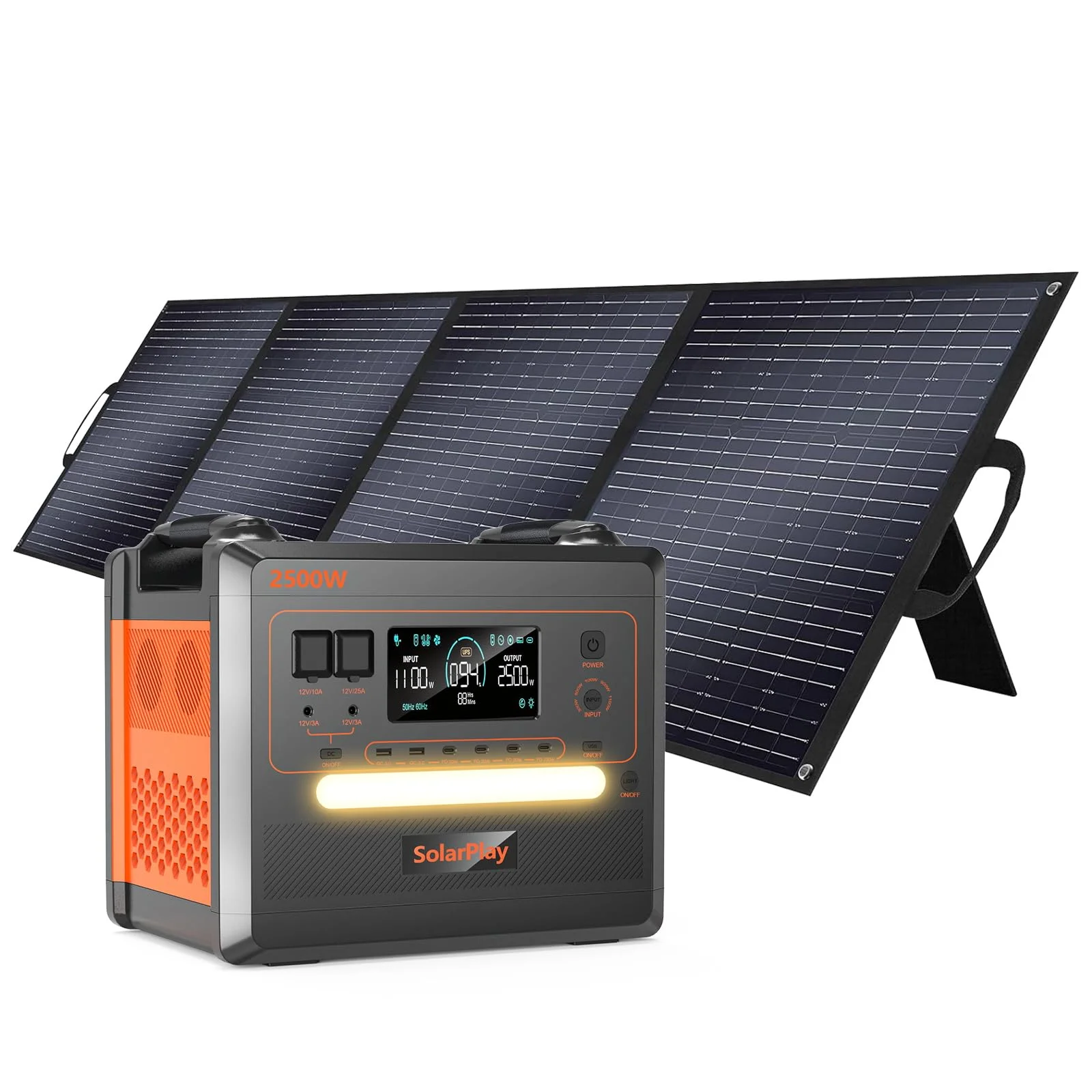 SolarPlay Tragbare Powerstation mit 200W Solarpanel, 2500W Tragbare Powerstation mit 2304Wh LiFePO4, AC-,Usb- ports, 1.5h Vollladung,12 Ausgang, Power Station für Outdoor Camping, Wohmobil, Notfall