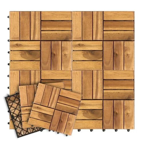 Vkechh Holzfliesen für Balkon und Terrasse， Akazienholz Klickfliesen 30x30 cm mit Drainage-System，wetterfester Outdoor Bodenbelag， leicht zu verlegen ohne Werkzeug