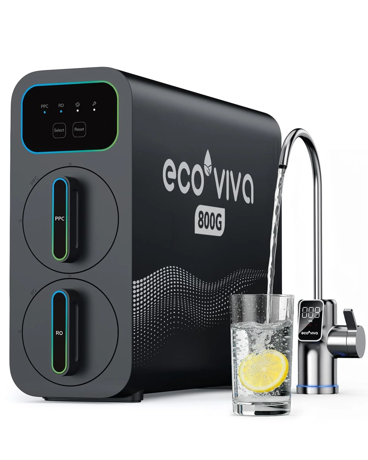 Ecoviva E8 Osmoseanlage Trinkwasser, 800 GPD (3028 L/Tag) Umkehrosmoseanlage, 9-stufige Filterung RO Untertisch Osmose Wasserfilter, Reduziert TDS, 2.5:1 Spar-Verhältnis, tanklos, Schwarz